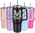 40oz Tumbler with Handle and Straw, Personalized Birth Flower Stainless Steel Travel Mug, Custom Name Insulated Cup, UV Printed Floral Gifts for Women Men Birthday Gifts 10+ Colors