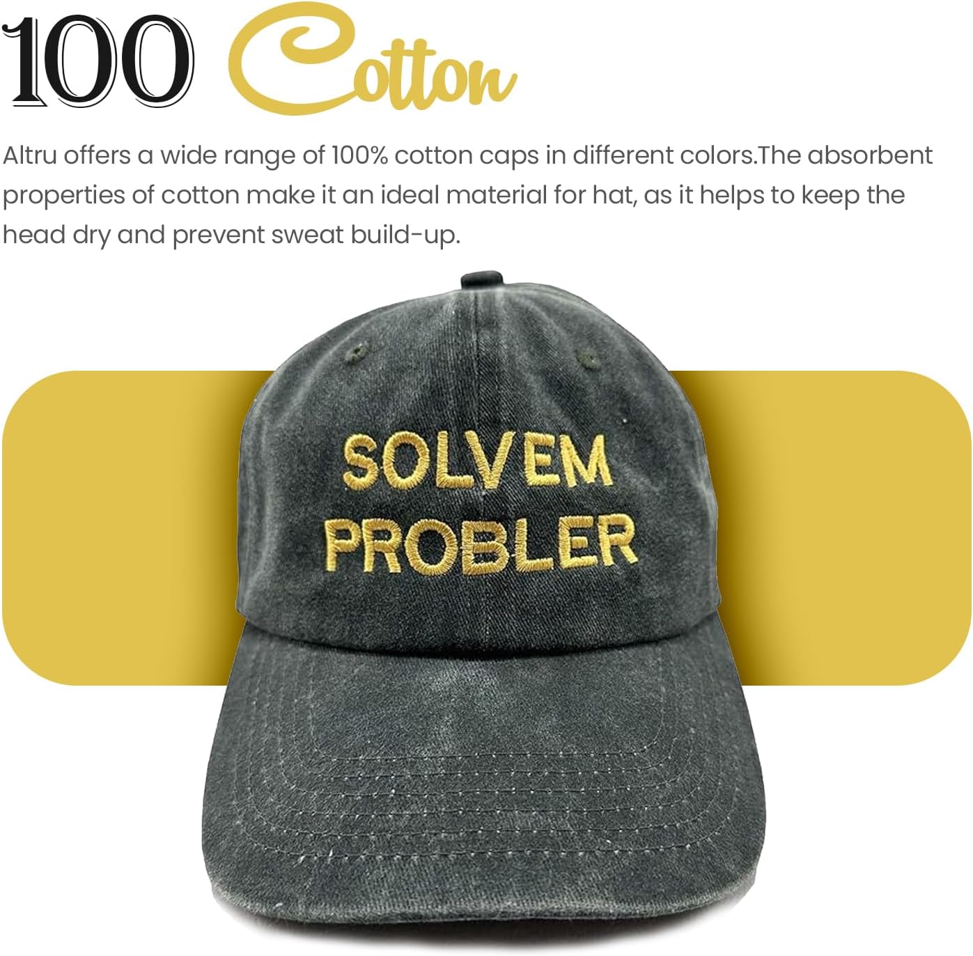 Altru Apparel Embroidered Cap & Hat | SOLVEM PROBLER Hats | Vintage Caps for Mens & Women | Black Sweatband Fitted Hat |