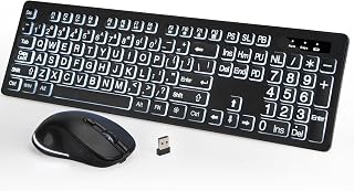 Wireless Keyboard and Mouse - Large Print Wireless Keyboard, BERGUF 2.4G Full Size Keyboard and Mouse Set with Big Letters and Backlight Key for Seniors, Compatible for Windows, Laptop, PC, Black