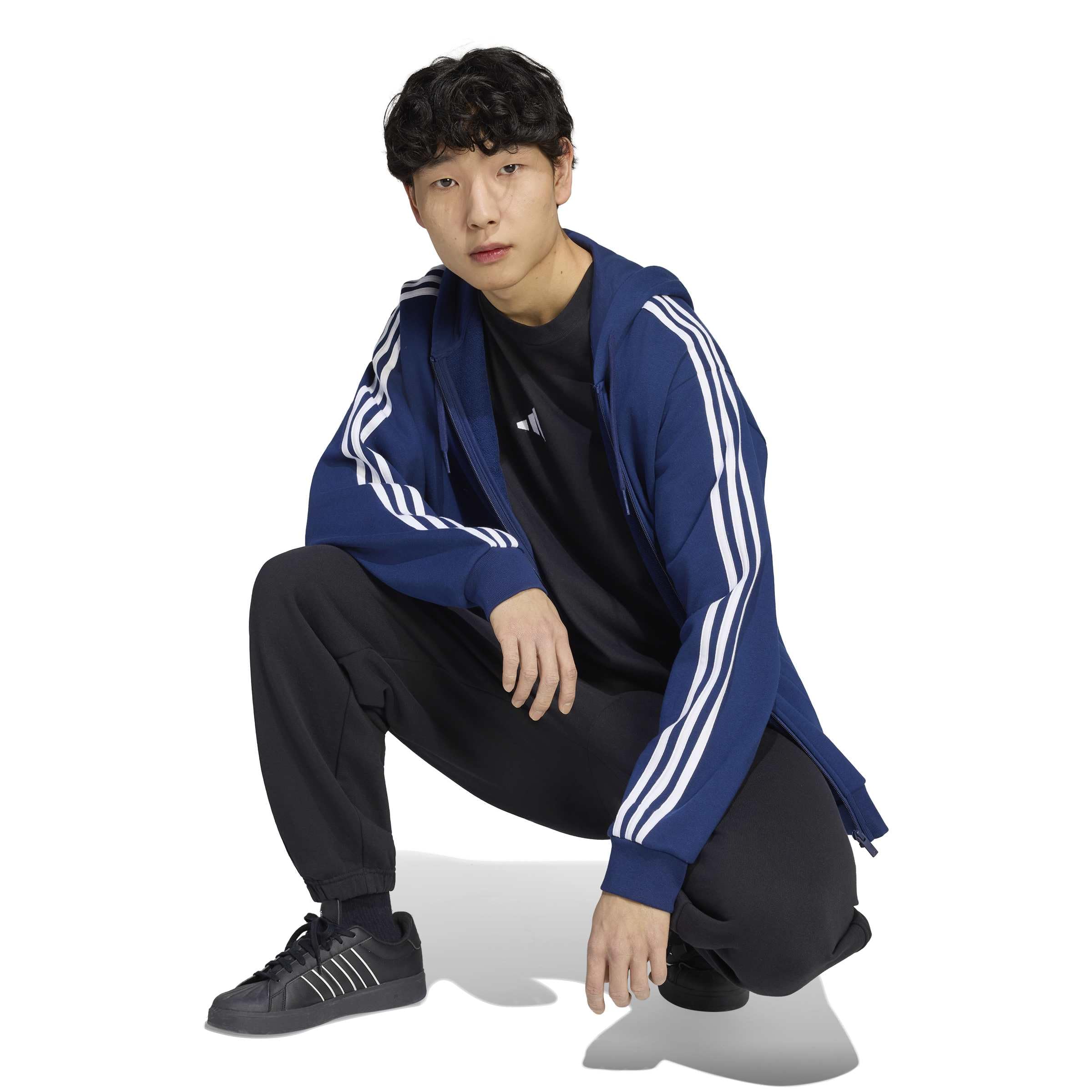 adidas Homme Essentials 3-Stripes French Terry Full-Zip Hoodie Sweatshirt, Team Navy Blue 2/White, M