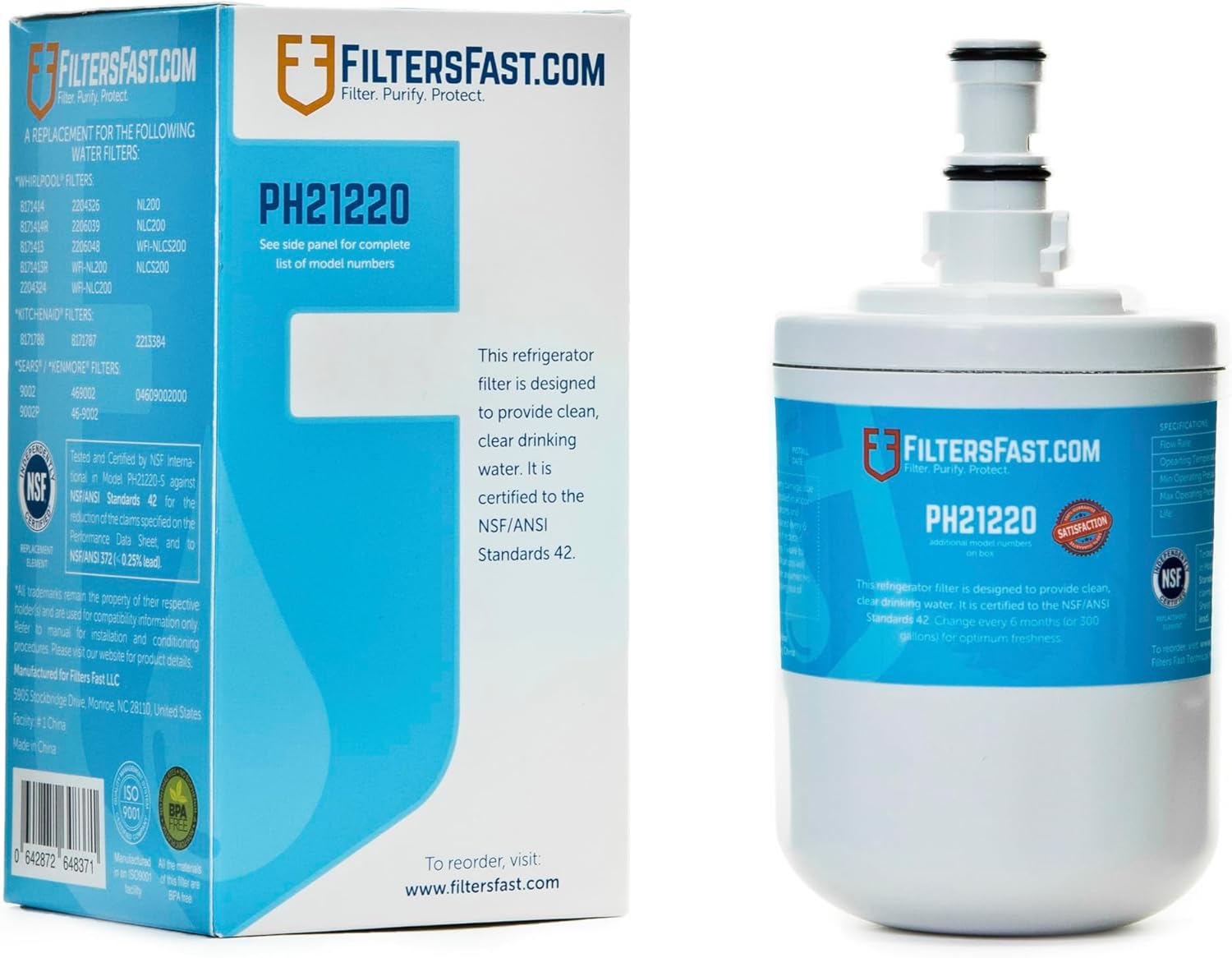 Filters Fast PH21220 Compatible Replacement for Whirlpool 8171413, 8171414, everydrop EDR8D1, and EcoAqua EFF-6009A Carbon Water Filter Cartridge for Fridge Refrigerator Water Dispenser