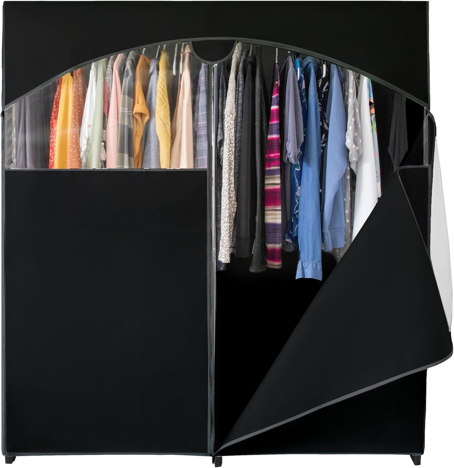 HOLDN’ STORAGE Portable Wardrobe Closet - 65 lb Large Capacity, Internal Heavy Duty Metal Rod, Zipper & Clear Window, Durable Clothes Organizer, Tool-Free Easy Assembly, Black Canvas Cover Large Black