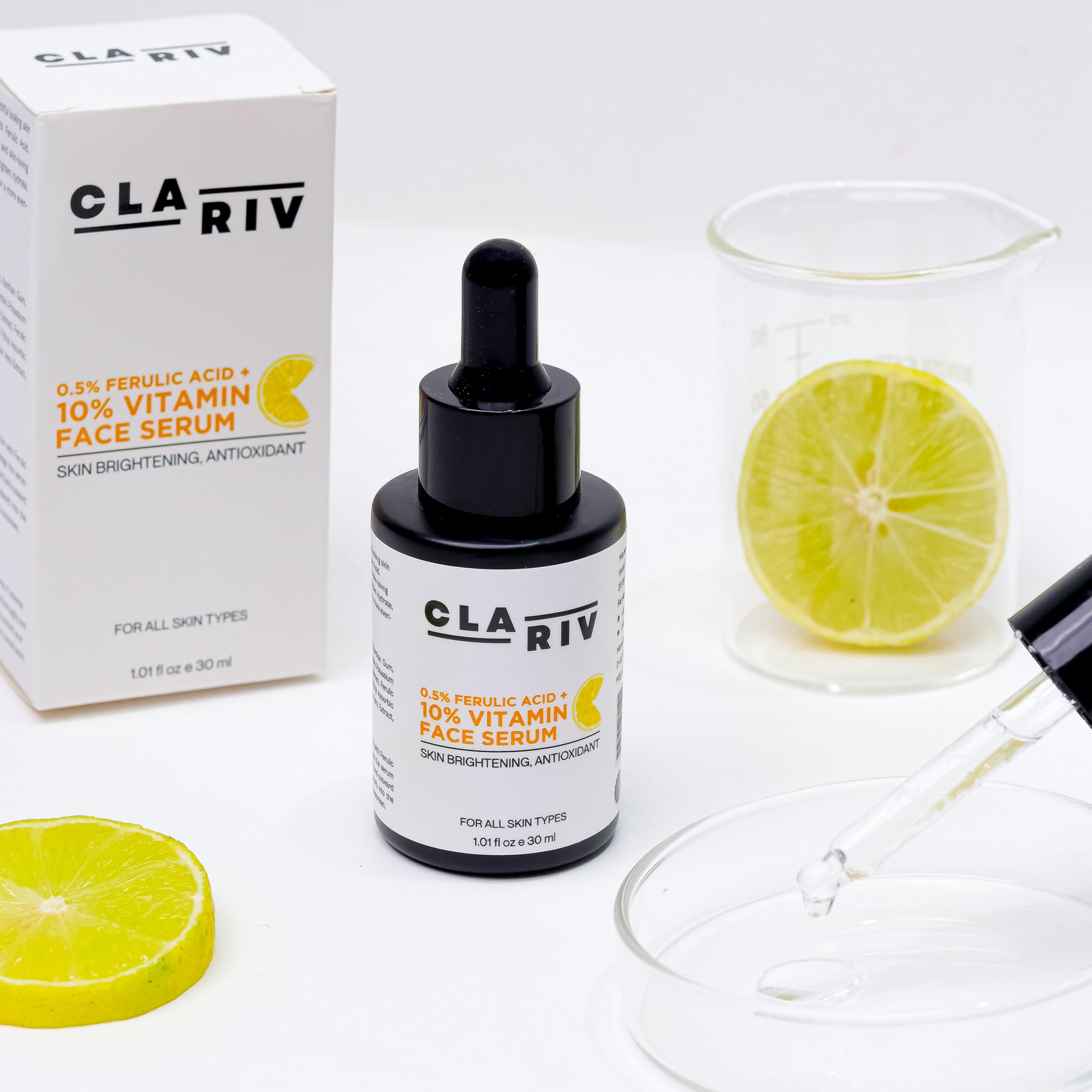 CLARIV Face Serum with 10% Vitamin C, 0.5% Ferulic Acid & Powerful Antioxidants – Fights Pigmentation, Dullness & Wrinkles – Skin Brightening & Anti-Aging Formula for Radiant Skin – 30ml