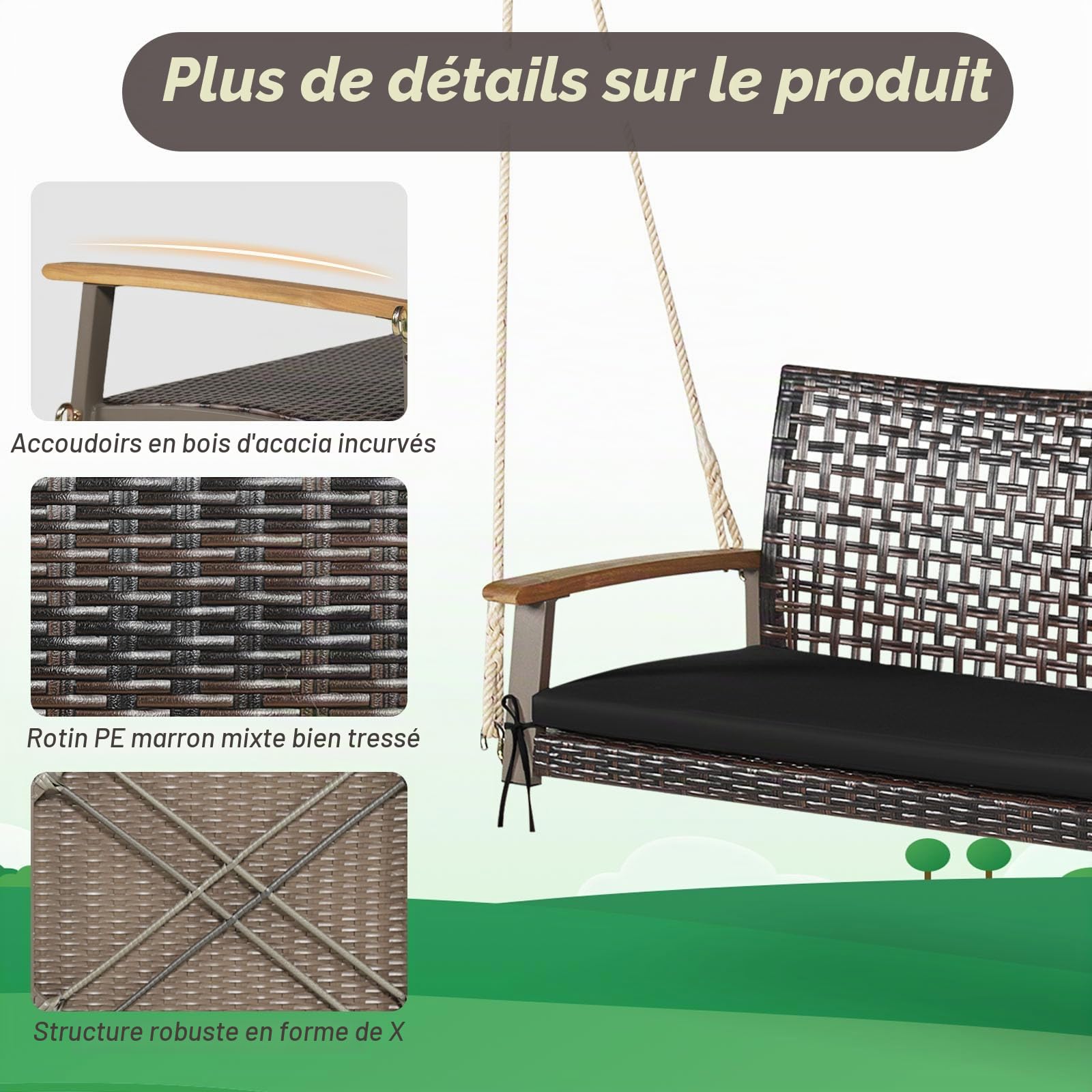LIFEZEAL Balançoire de Jardin Extérieure 2 Places, Balancelle Suspendue avec Coussin et Cordes, Dossier en Rotin PE & Accoudoirs en Bois, Charge 360 kg, Balcon, Terrasse, Porche (Noir)