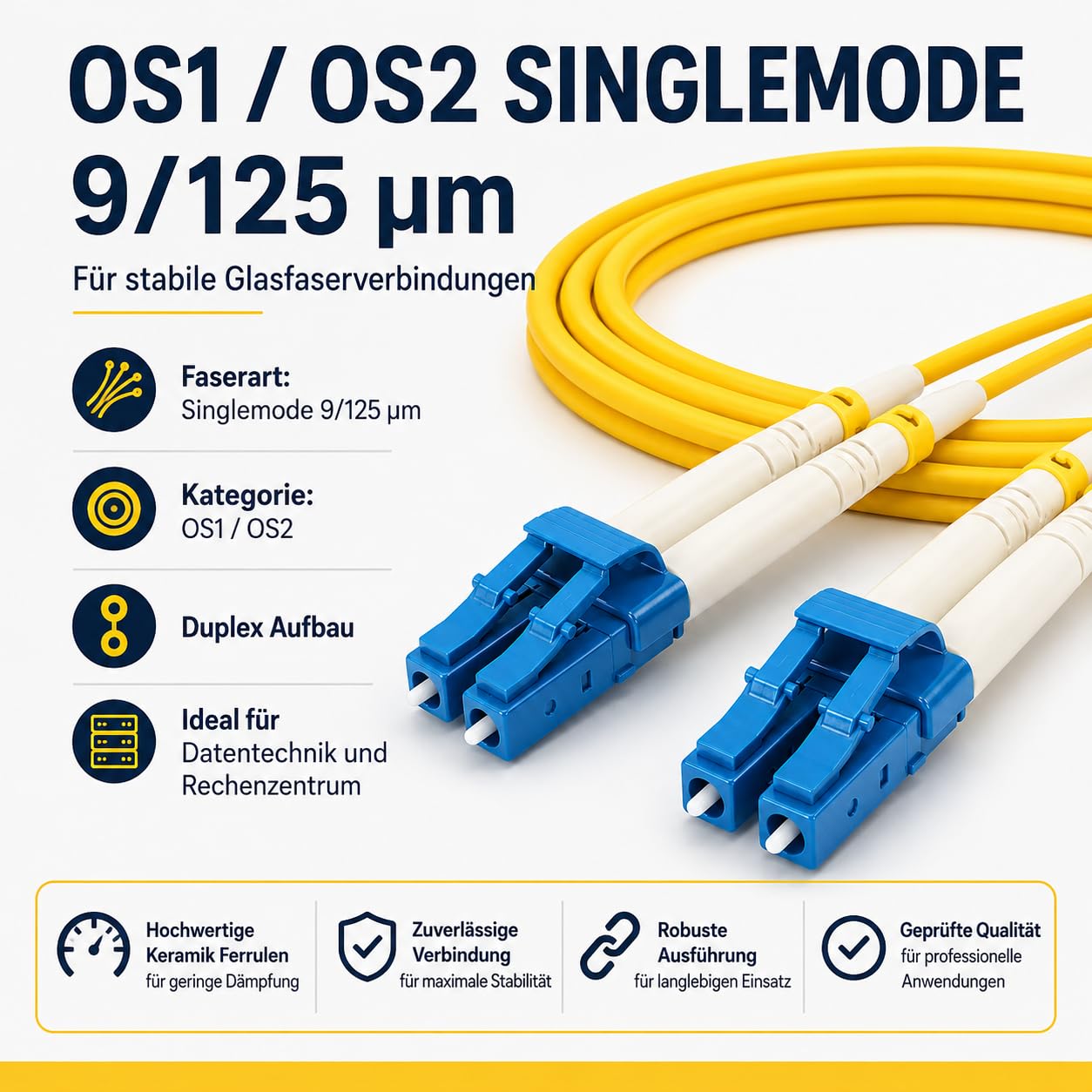 1aTTack.de 1 x 20 m OS1 / OS2 LWL DX DUPLEX kabel krosowy LC/UPC - LC/UPC SM SINGLEMODE - 9/125 µm LSZH żółty