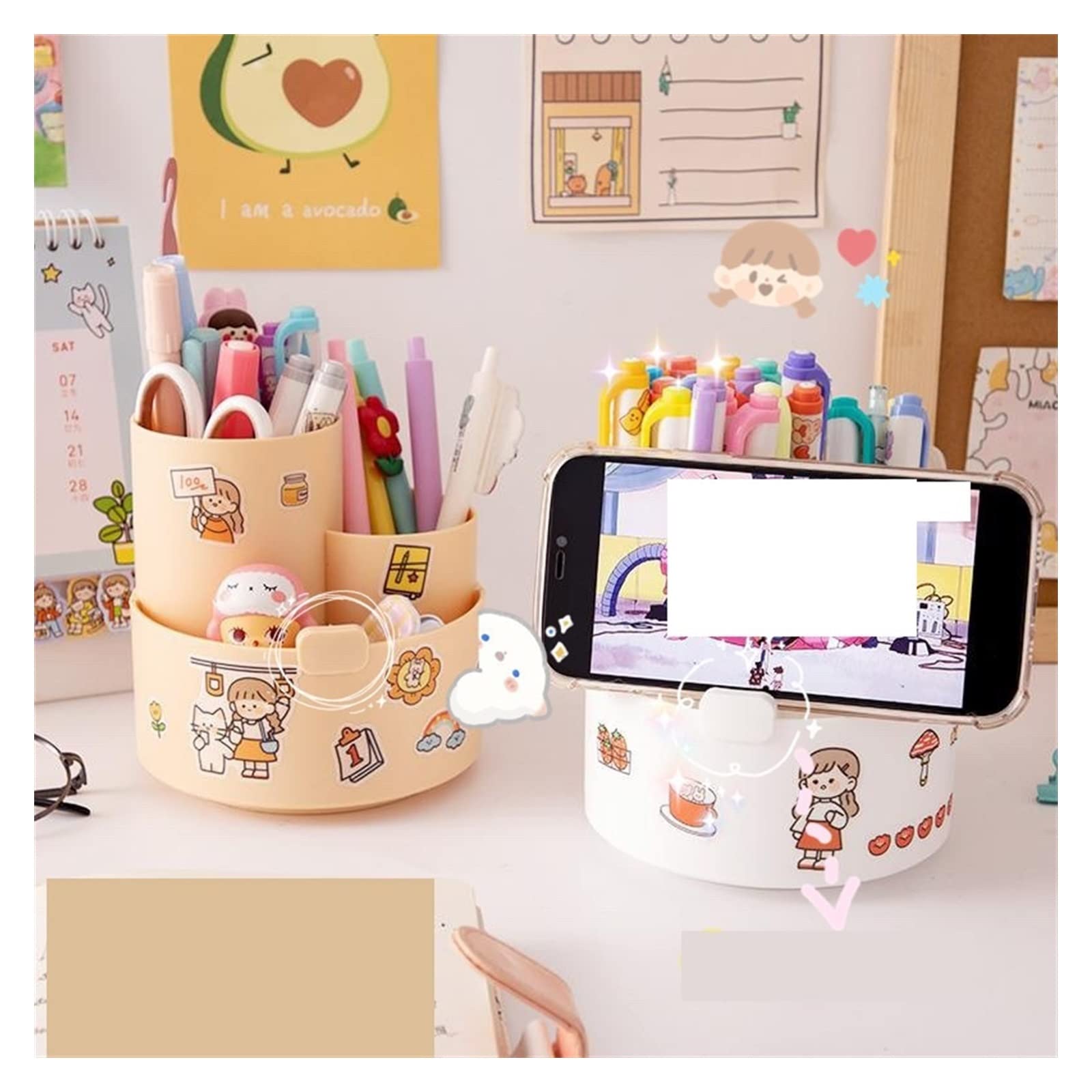 Stifteköcher Stiftbecher Kawaii Kunststoff Multifunktionaler Desktop-Organizer Stifthalter Telefonständer Halter Rotierender Stifthalter Schule Schreibwaren Stifteköcher Schreibtisch ( Color : Tea Whi