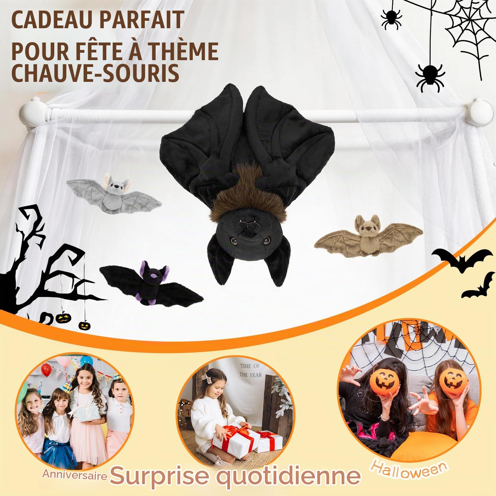 MorisMos XXL Grand Chauve-Souris en Peluche, 80cm Noir avec 3 Kawaii Bébés Animaux en Peluche Géants Douce Cadeau pour Enfants Noël Anniversaire