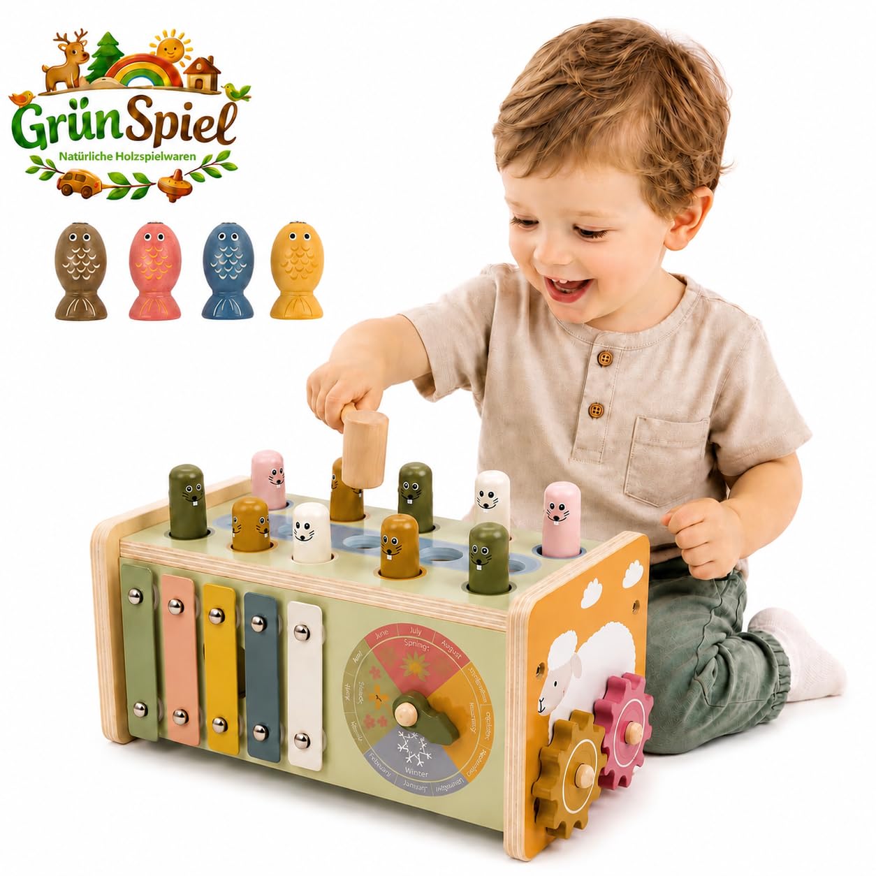 Montessori - Juguete de madera para niños a partir de 2 años, 7 en 1, juego de martillo con imán de pesca, juguete de habilidades motoras de madera, juguete educativo para niños pequeños