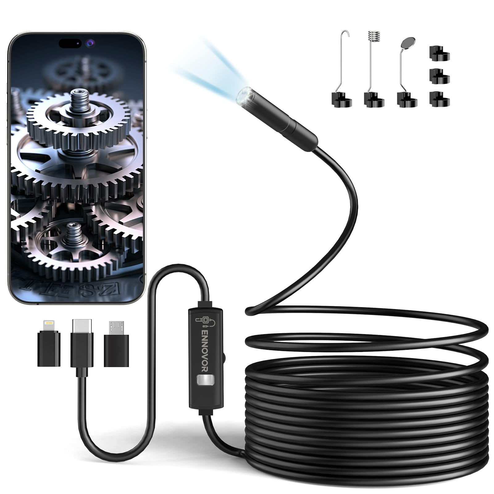Endoscope Camera with Light, Ennovor 1920P HD Borescope with 8 Adjustable LED Lights, IP67 Waterproof Endoscope Inspection with Flexible Rigid Snake Camera, No WiFi Required for Android iOS