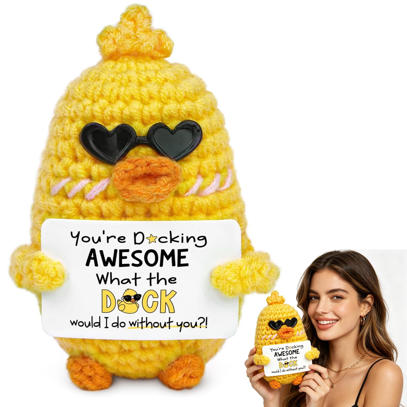 Moxychrony Positive Duck Gift, Emotional - Support & Good - Luck Knitted Toy with an Encouraging Affirmation Card, Positive Crochet Animals, Motivational Gifts, Cute Stuff for Woman, Men, Kids