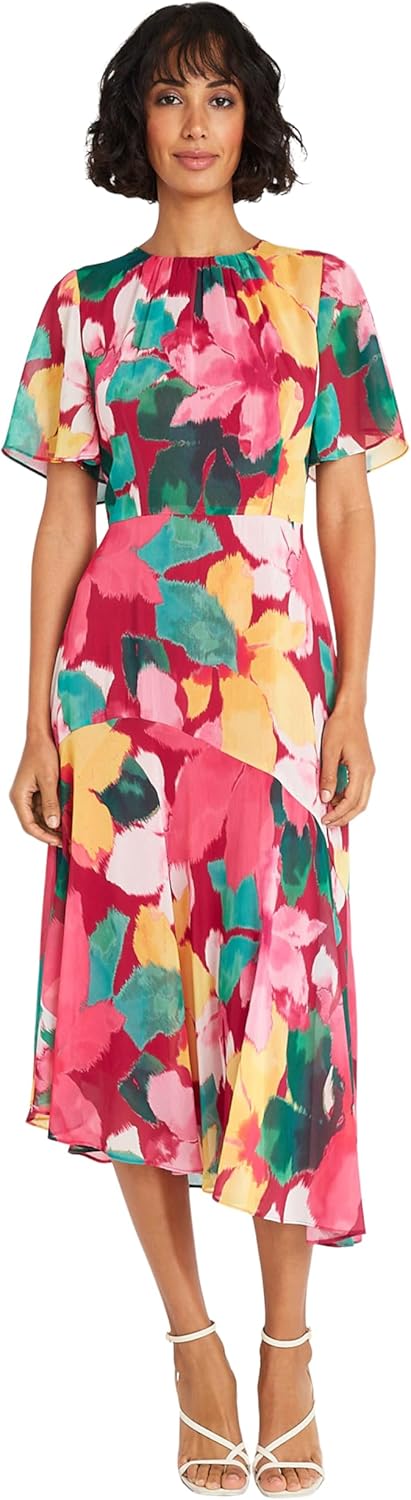 Maggy London Women's Short Flutter Sleeve Fit and Flare Dress with Asymmetric Hem Tier 10 Beetroot/Yellow