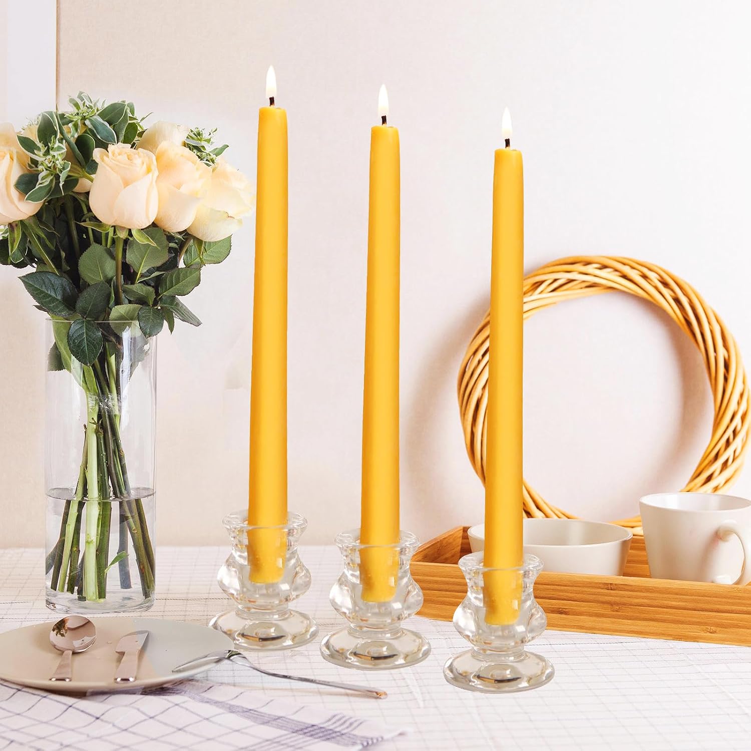 12 Pack 100% Pure Natural Beeswax Taper Candles, 10 Hours Long Burning Emergency Beeswax Candles Sticks, 10 inch Organic Bees Wax for Home, Prayer, Christmas, Party | Unscented, Smokeless, Dripless