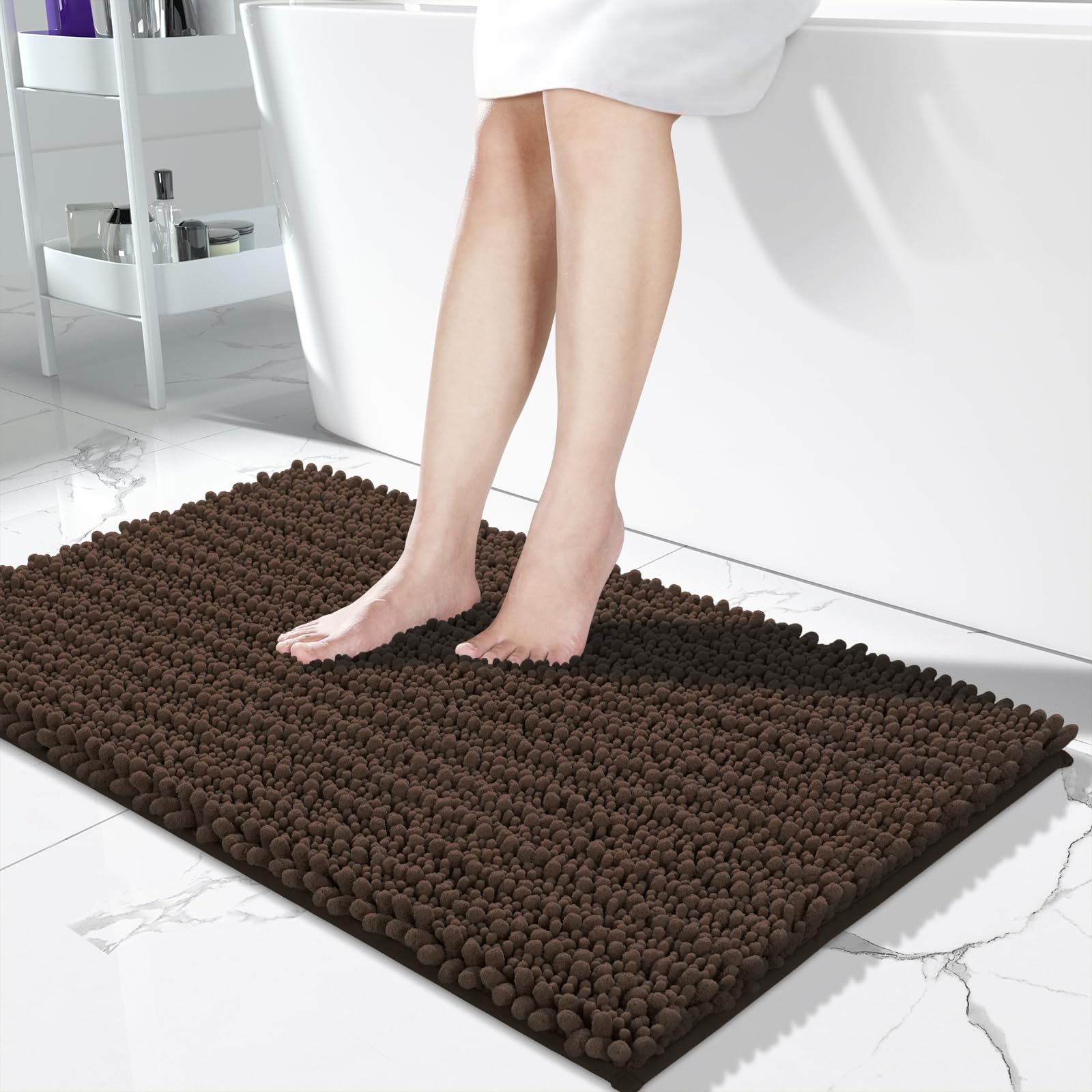 Yimobra (110cm x 60cm, Brown) - Original Luxury Shaggy Bath Mat, Super Absorbent Water, Non-Slip, Machine-Washable, Soft and Cosy, Thick Modern for Bathroom Bedroom (110cm X 60cm, Brown)