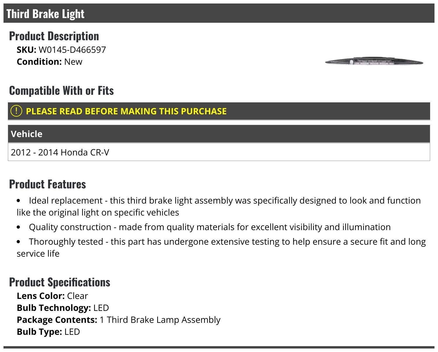 Marketplace Auto Parts 3rd Third Brake Light - LED - Compatible with 2012-2014 Honda CR-V