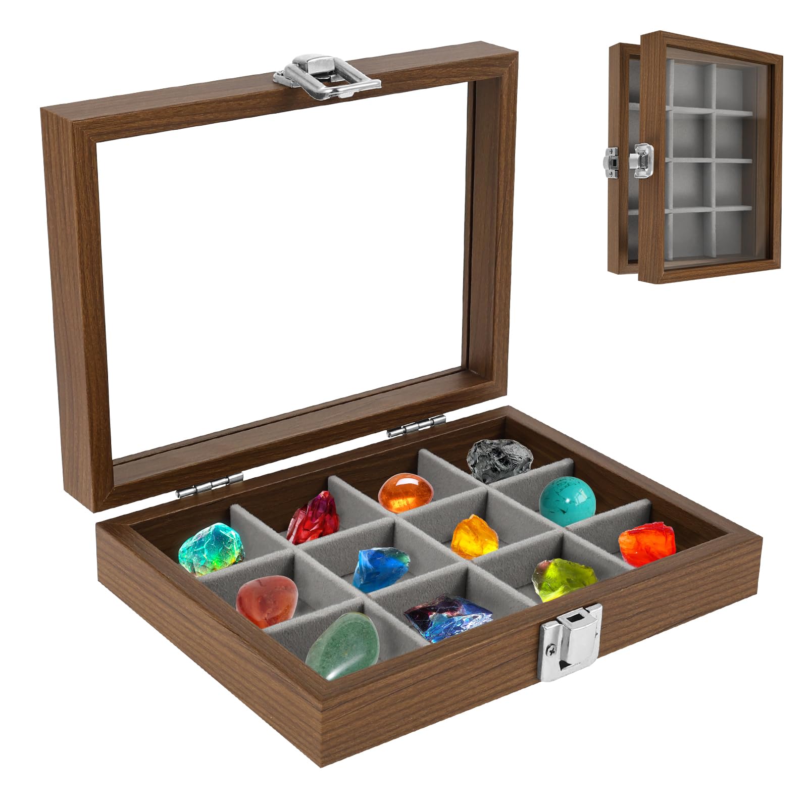 PlyEosy Rock Collection Display Case Crystal Fossil Display Organizer Rock Storage Case with 12 Grid for Geology Lover Collector(Walnut)
