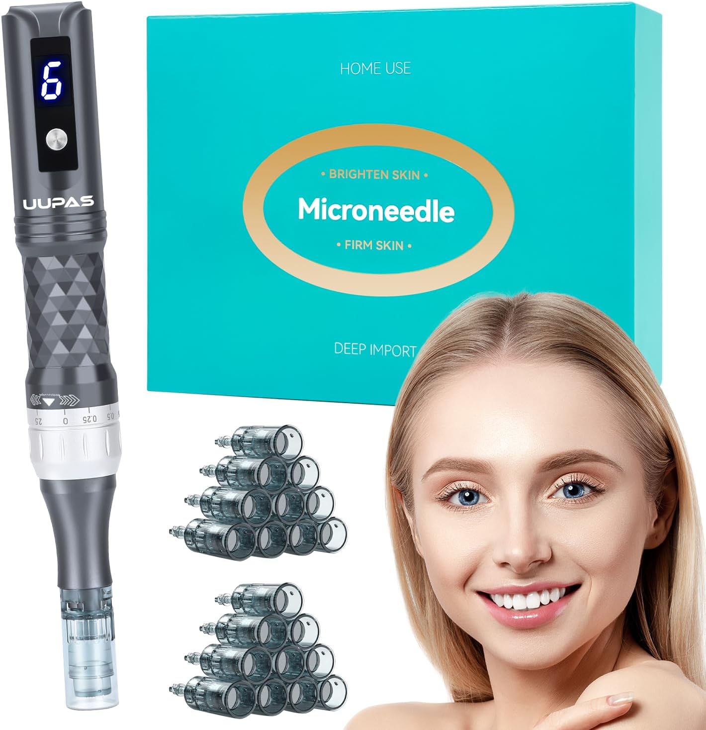 Microneedling Pen – UUPAS Professionele Elektrische Auto Micro Needling Verstelbaar 6 Niveaus met 20 vervangende cartridges – Oplaadbare Microneedle Pen Kit voor gezicht, lichaam en haargroei (Grijs)
