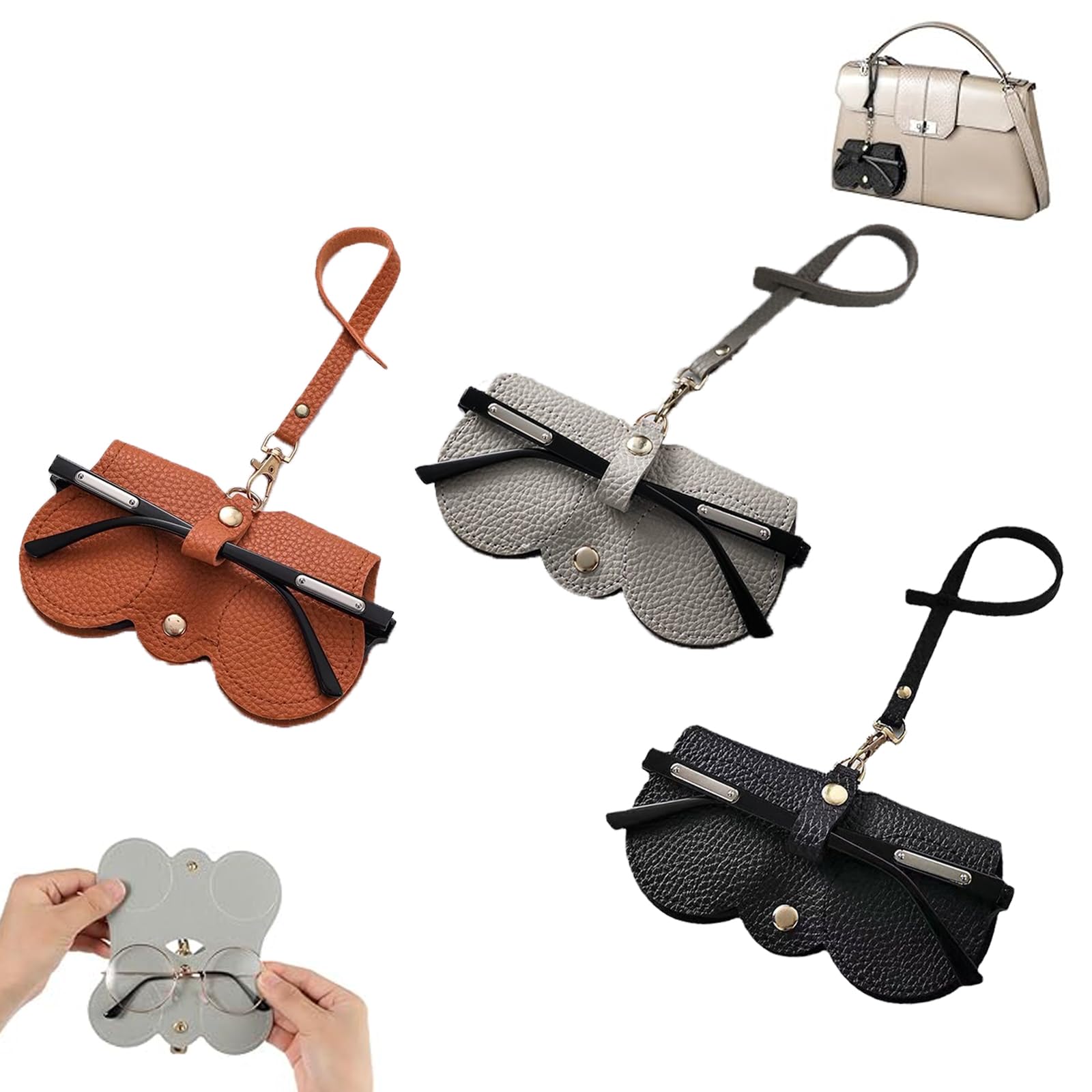 3PCS Sunglasses Organizer, Leather Sunglasses Case for Men & Women, Trendy Eyeglasses Pouch with Hook for Hand Bags, Perfect for Sunglasses Storage and Travel