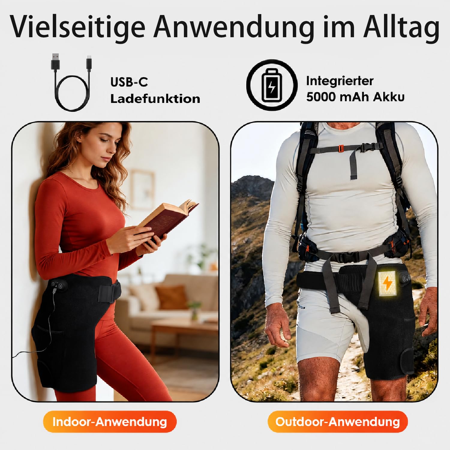 Hipora 4-in-1 Hüftmassager, Beheizbares Vibrations-Hüftmassagegerät (USB) | 3 Vibrationsmassagemodi, 3 einstellbare Wärmestufen, 2 Stromversorgungsmethoden