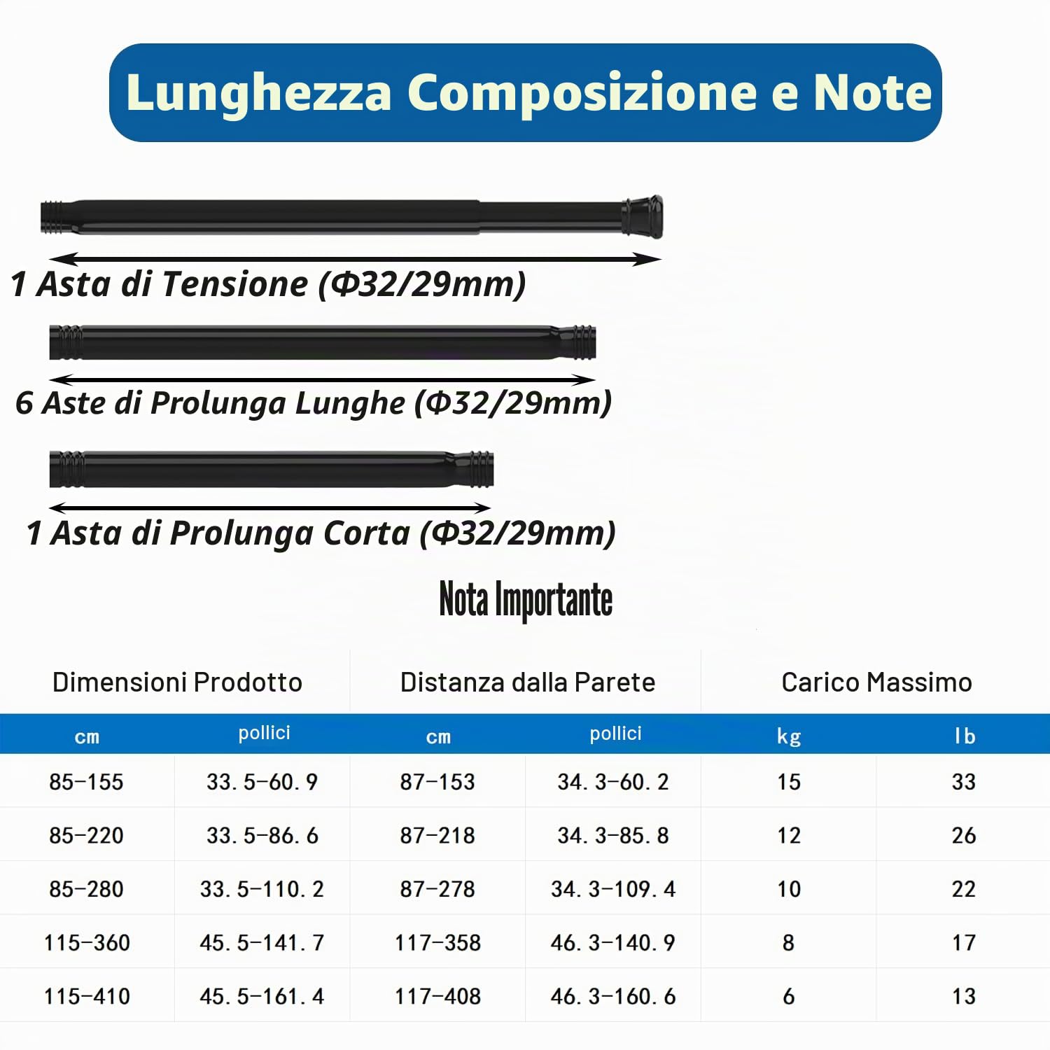 Asta per tende, extra lunga, senza fori, lunghezza 115-410 cm, diametro 32 mm, per bagno, camera da letto, asta per tende, vestiti, bianco, 4 m