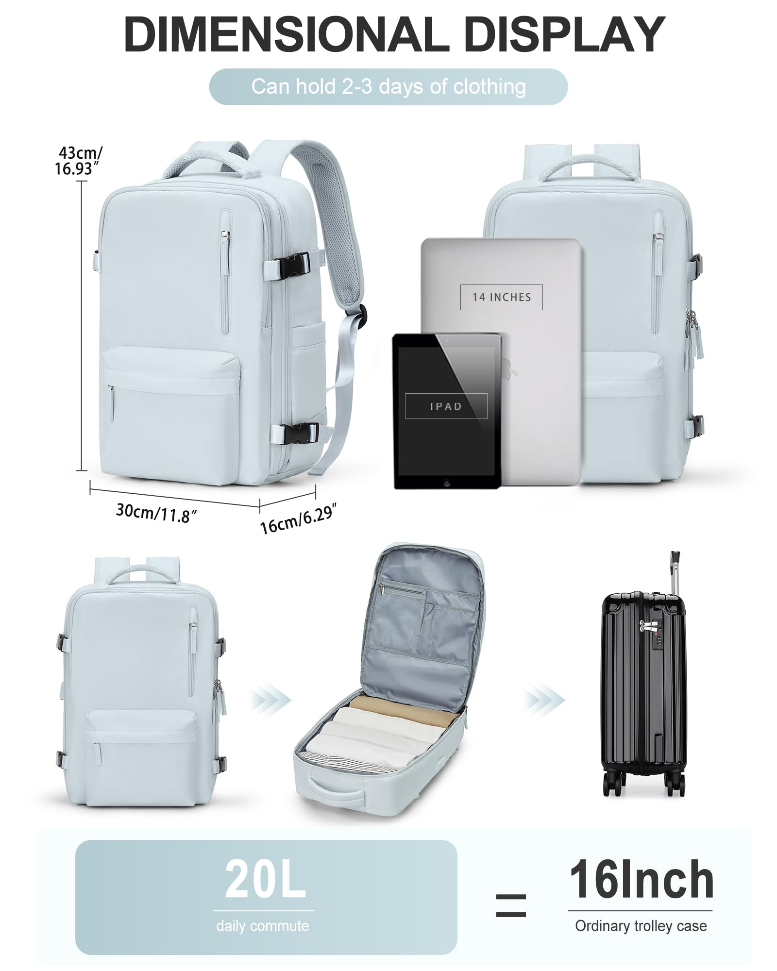 BJLFS Borse da Cabina per Ryanair 40×20×25 Bagaglio a Mano Easyjet 45×36×20 Borsa Zaino da Viaggio, Zaino da trekking,Zaino Casual per laptop da 14 pollici per scuola