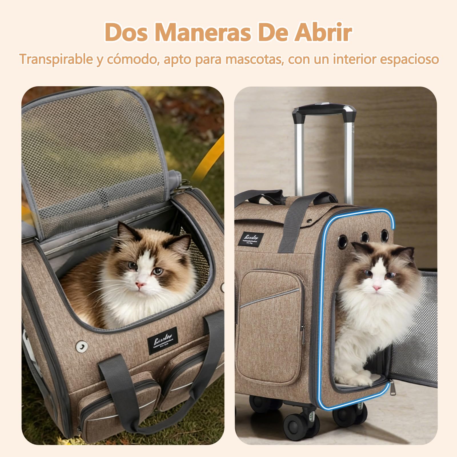 Galatée Maleta con Ruedas para Mascotas, Fabricada En Malla De Poliéster Ventilada, con Frenos para Absorción De Impactos y Agarres Antideslizantes, Apta para Gatos y Perros(Gris)