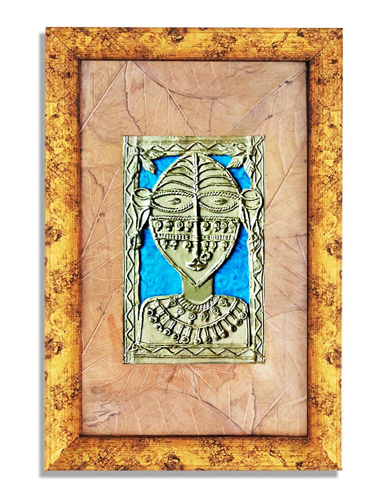 Soulcraft Dhokra Brass Art_ Handmade by Tribal Artist, Premium Wall Hanging Home Deco n Gift _14 X 9 INCH (Blue, Brass Tribal princess)