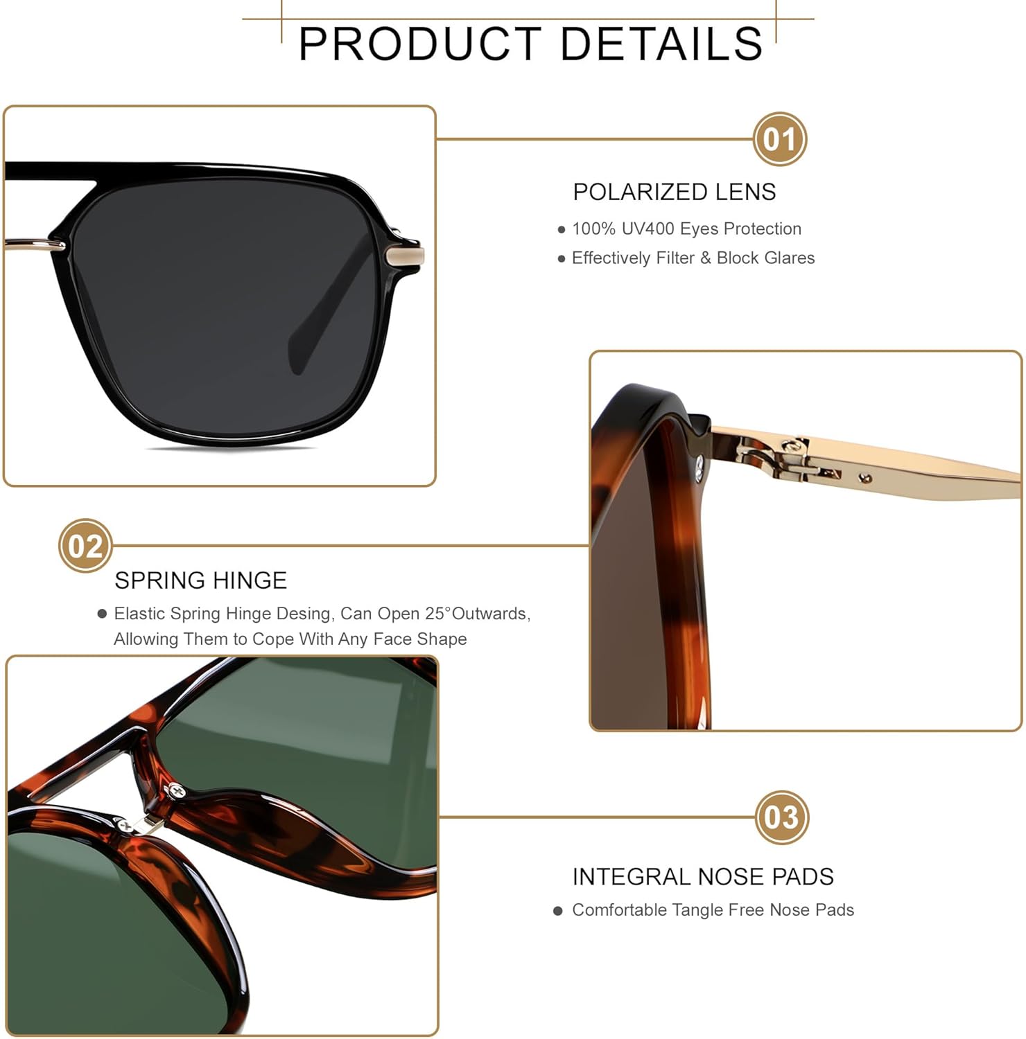 ANDWOOD Retro Square Sunglasses for Women Men Polarized Trendy Aviator 90s Pilot Shades - Image 3