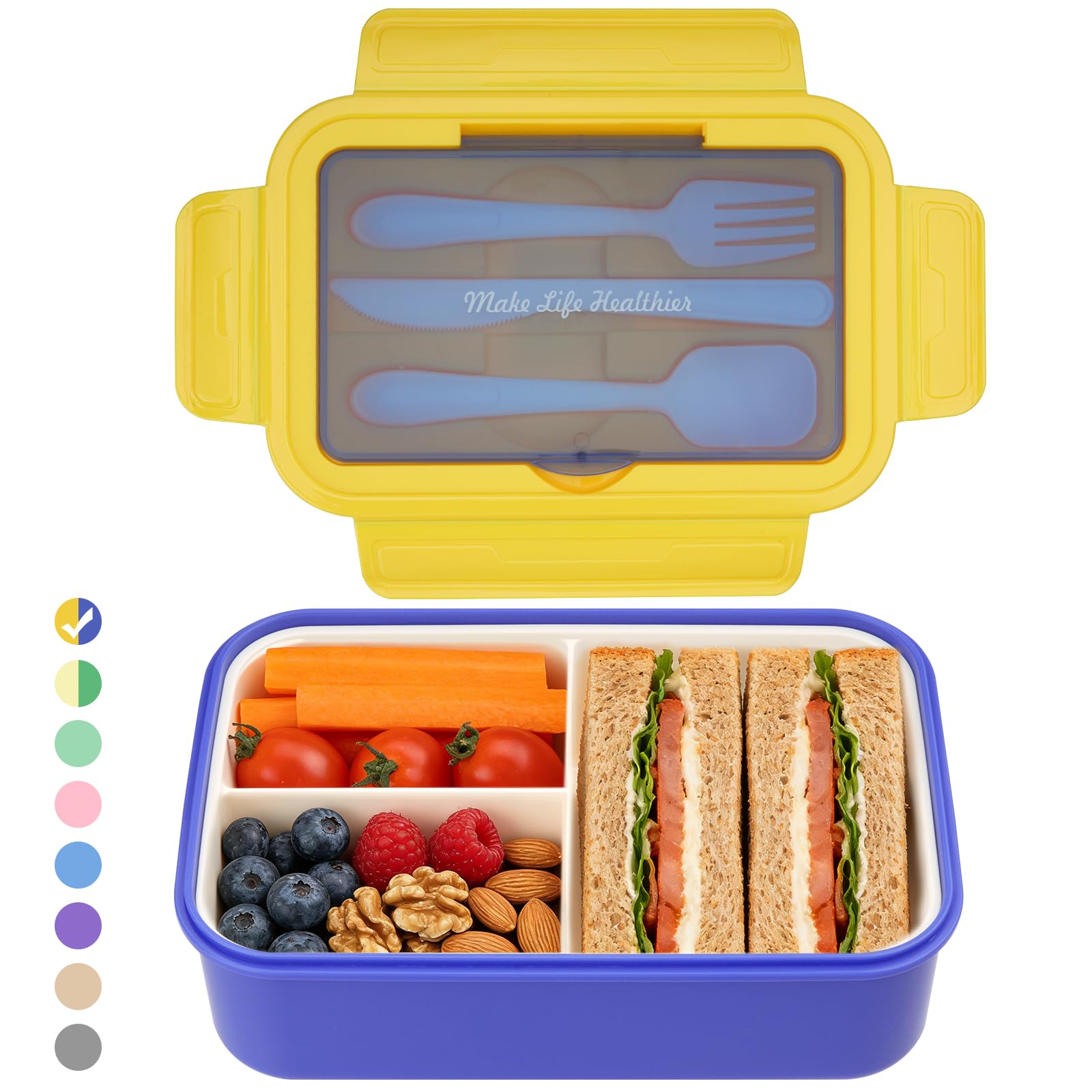 BIBURY Brotdose Lunchbox Erwachsene & Büro 1400ml, auslaufsichere, Große Bento Box mit 3 Fächern & Besteck