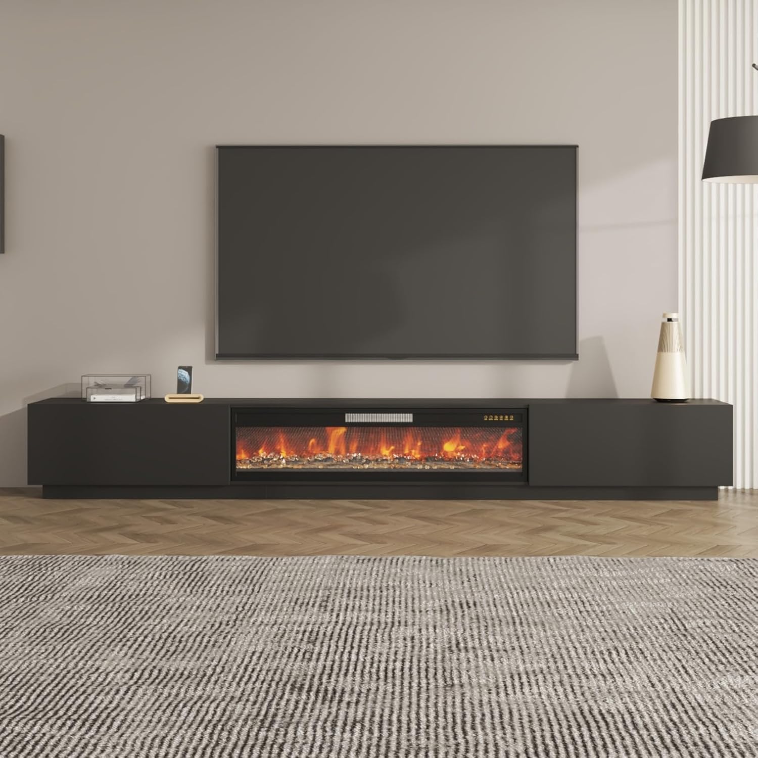 109 Inch Electric Fireplace TV Stand for 100+ Inch TV, Extra Wide Fireplace Entertainment Center with 46" Large Fireplace and 12-Color LED Lights, Modern Media Console with 2 Drawers, Black