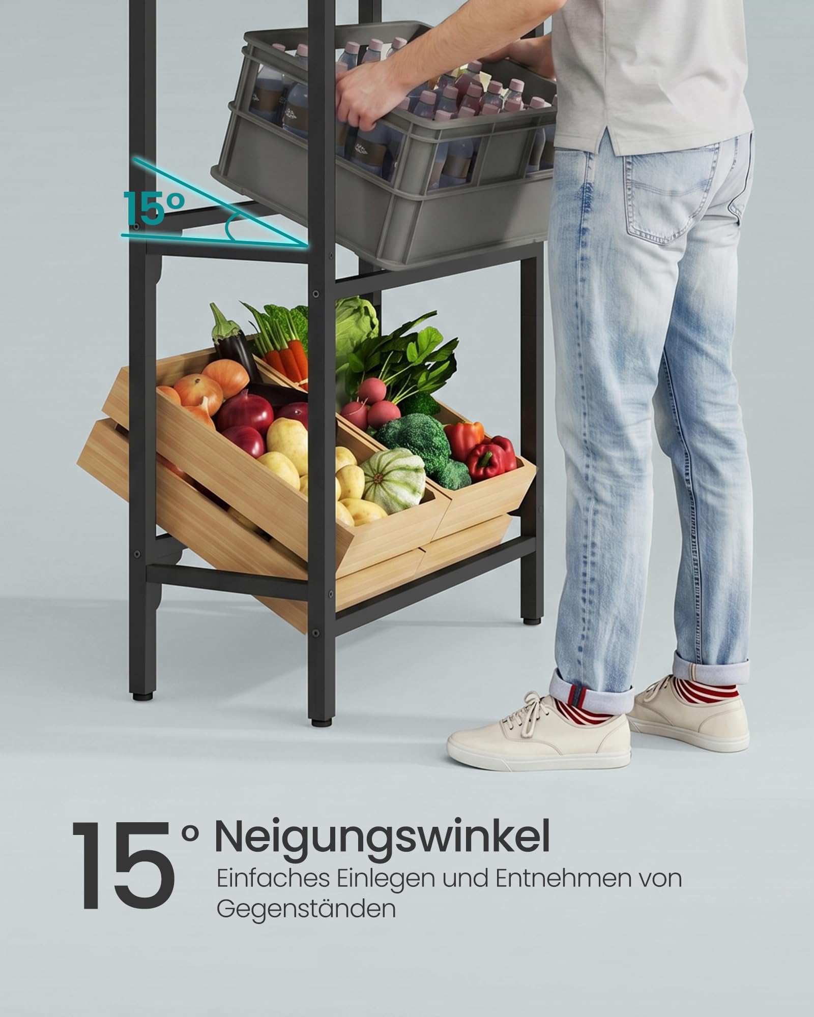 SONGMICS Getränkekistenregal, Aufbewahrungsregal, Jede Ebene bis 150 kg belastbar, Getränkeregal, Küche, Wohnzimmer, Garage, 2 Ebenen für 4 Kisten, 3 Ablagen, vintagebraun-tintenschwarz BSC375K101