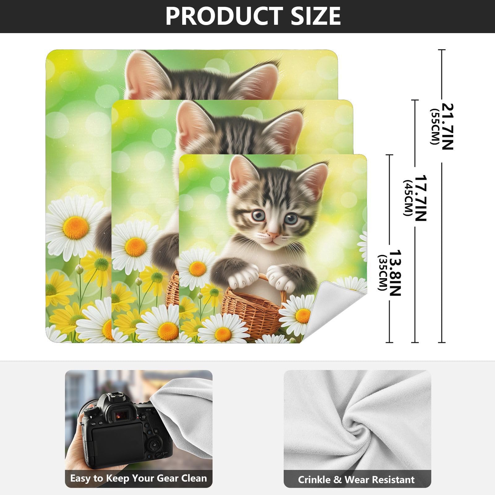 ODAWA Cute Kitten Basket Daisy Self Adhesive Cloth 21.7X21.7 Inch Self-Adhesive Cloths Protective Camera Wrapper Magic Self-Adhesive Cloths for Camera, Lens, Laptop