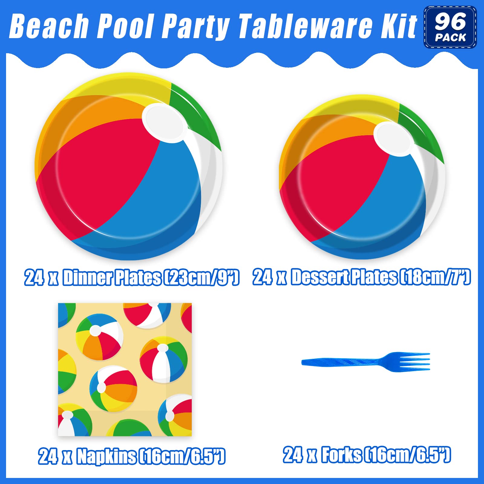 Kepeel 96 Pcs Summer Pool Beach Party Paper Plates Napkins, Beach Pool Ball Party Decorations Supplies Disposable Dinnerware Tableware for Kids, Serves 24