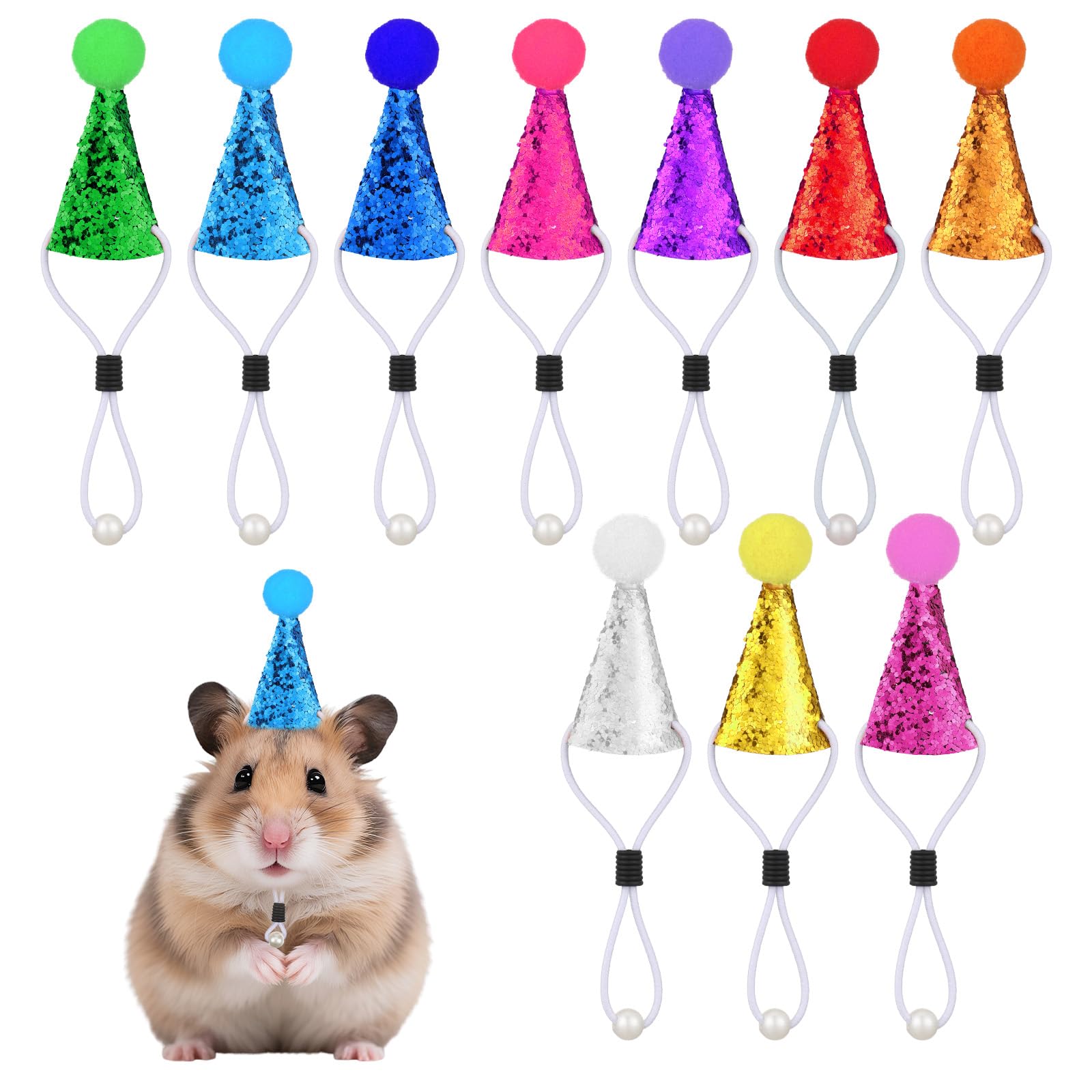 10pcs Mini Party Hats for Animal Figures Mini Birthday Hats with Plush Pom, Adjustable Stuffed Animal Party Hats