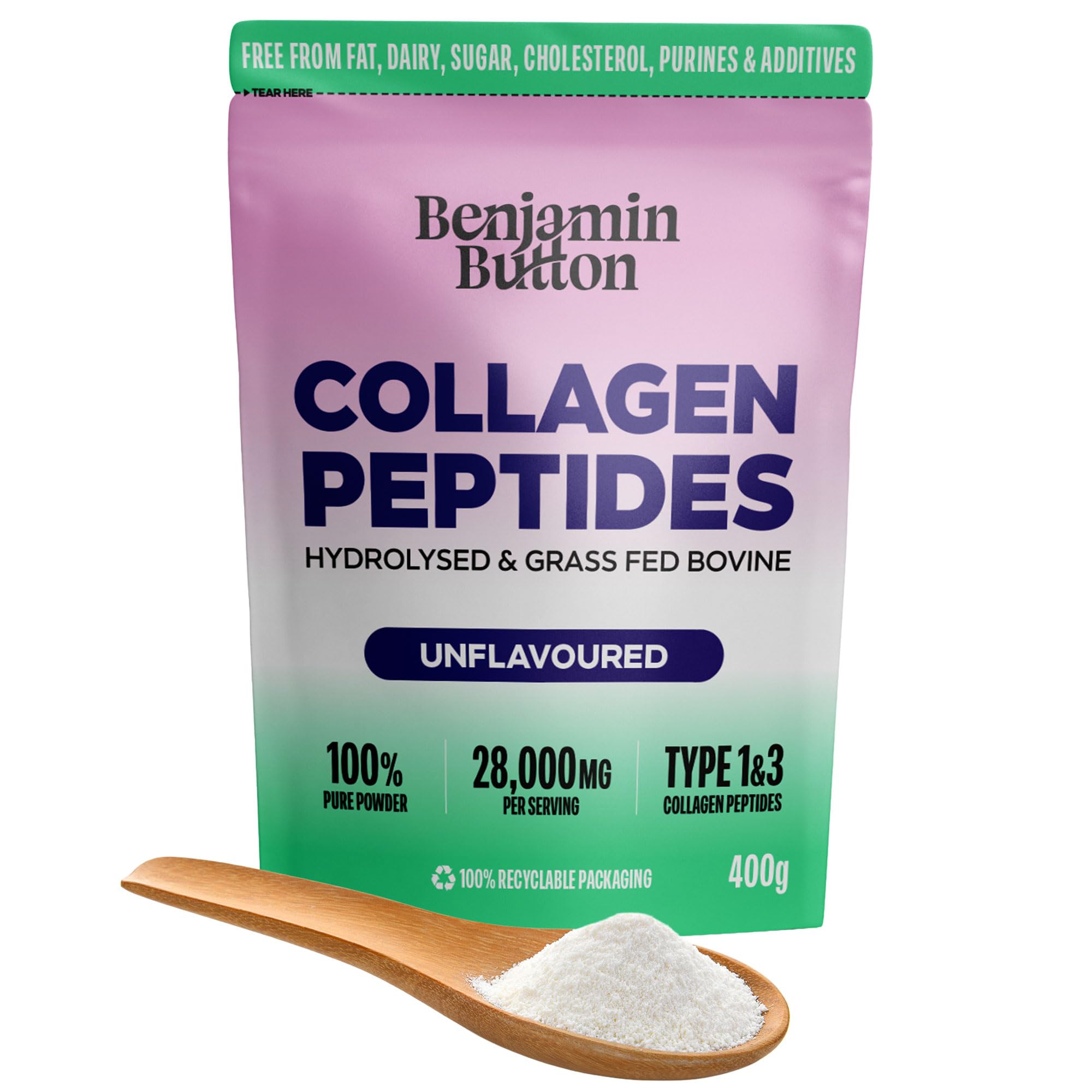 Benjamin Button Pure Bovine Collagen Powder Hydrolysed Peptides Unflavoured for