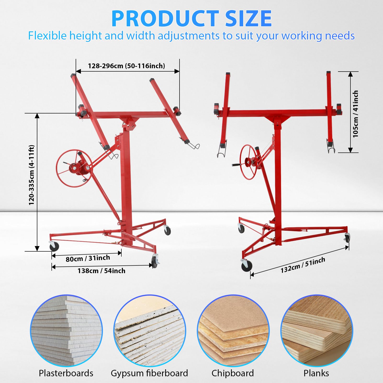 Klappbarer Plattenheber für Rigips- & Trockenbauplatten, Höhenverstellbar 120–335 cm, Max. Breite 296 cm, 68 kg Traglast, 60° Neigungswinkel, 3 Räder mit Feststellbremse, Rot