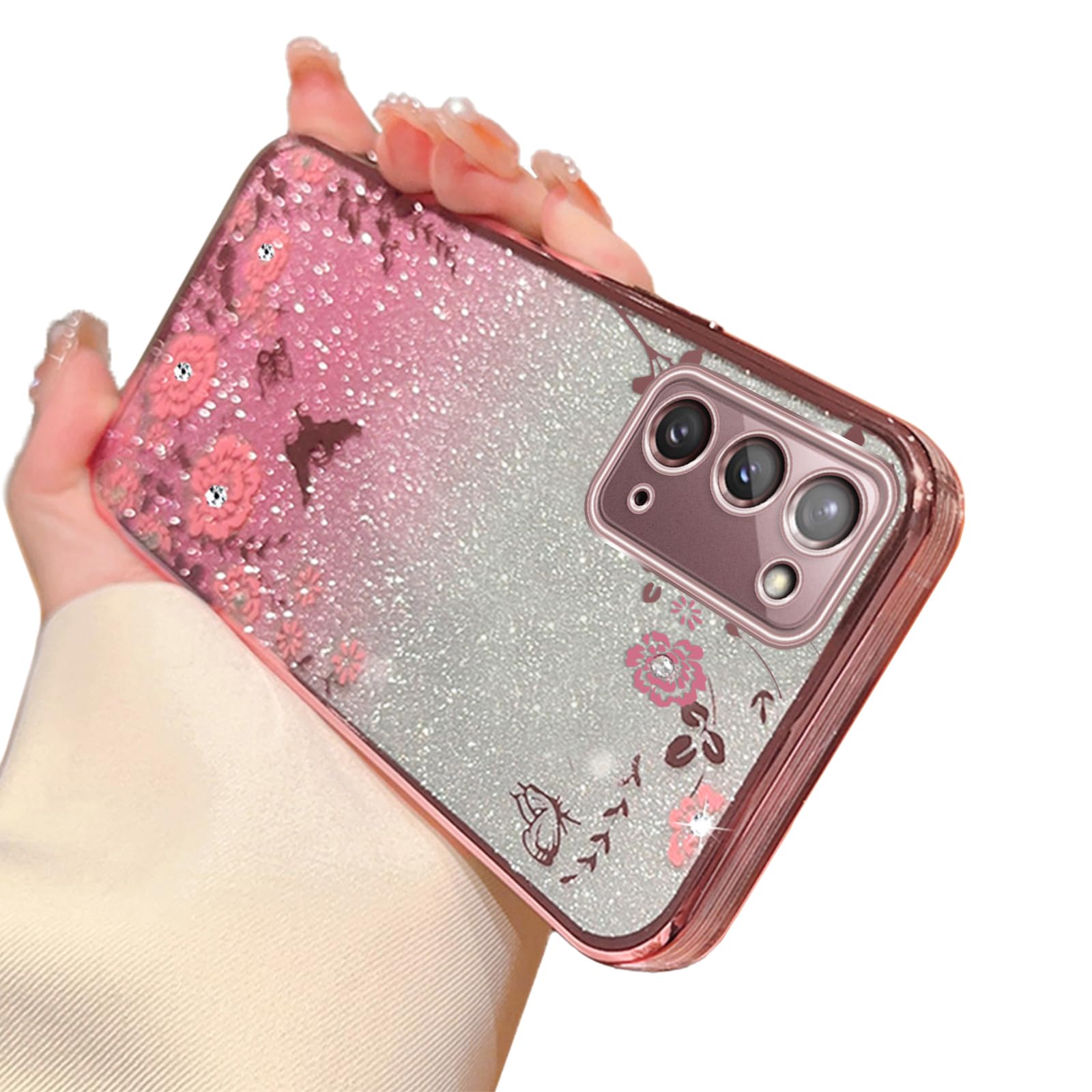 for Note 20 Case,Galaxy Note 20 Case for Women Gradual Change Glitter Crystal Soft TPU Stylish Butterfly Floral Heart Clear Protective Cover with Strap for Samsung Note 20 (Rose Gold)