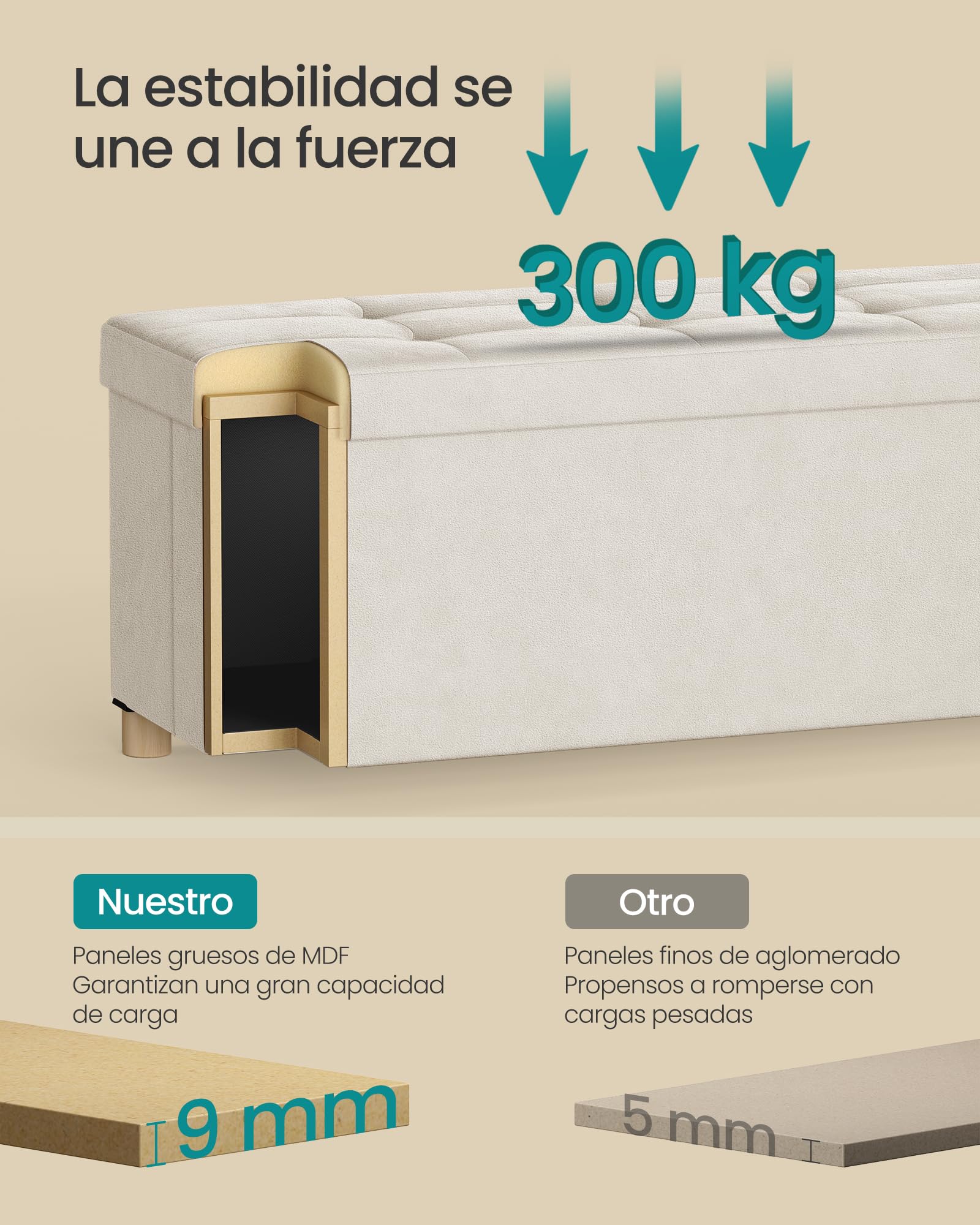 SONGMICS Puff Almacenaje, Banco Plegable, 38 x 110 x 40 cm, Reposapiés, 112 L, Superficie de Terciopelo, para Dormitorio, Sala de Estar, Dormitorio, Beige Capuchino LSF0518W02