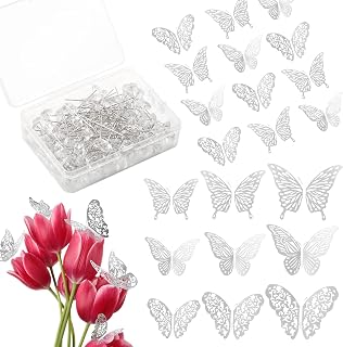 Luter 100pcs Bouquet Wedding Corsages Pins & 48pcs 3D Butterfly Wall Decor, Flower Diamond Pins with Butterfly Wall Decals Wedding, Party, Birthday Supplies (Silver)