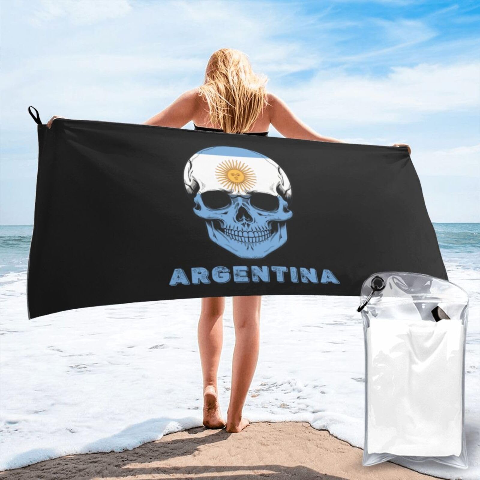 HACXZ Skull Argentina Flag Lightweight Absorbent Beach Towel Microfiber Beach Towel 31.5"X63"
