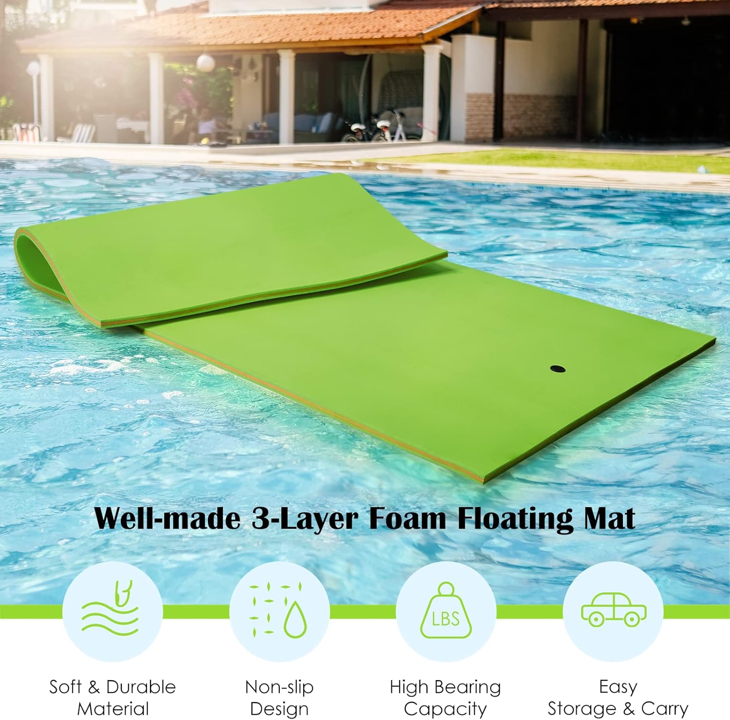 MAT Expert Floating Water Mat, 12'x6'x 1.5" Tear-Resistant 3-Layer XPE Foam Pad, Floating Island w/Bungee Tether & Straps, Giant Lake Floats, Ideal for Pool/Lake/Sea, Bear 880lbs for 4-6 Adults