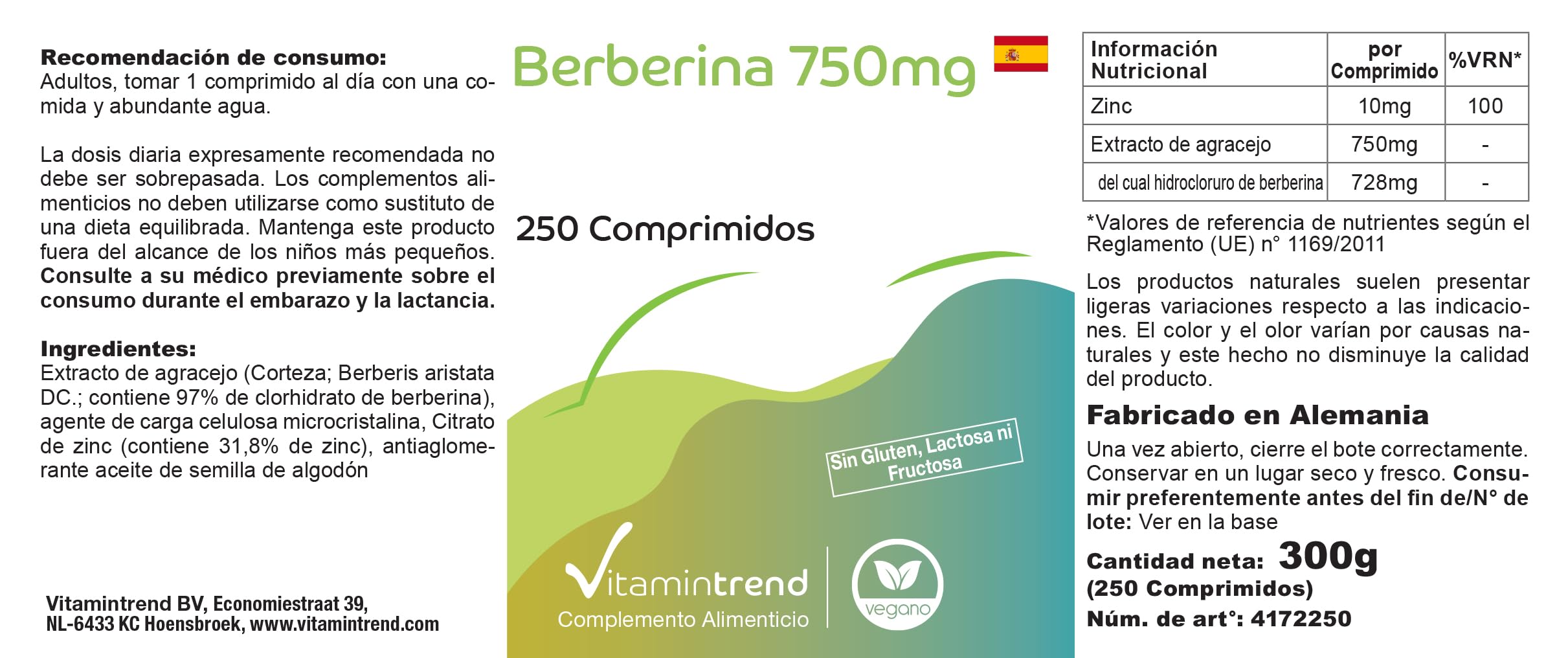 Vitamintrend Berberina 750mg, 250 tabletas, con zinc, altamente dosificado 97% berberina HCl, complemento alimenticio vegano sin estearato de magnesio, fabricado en Alemania