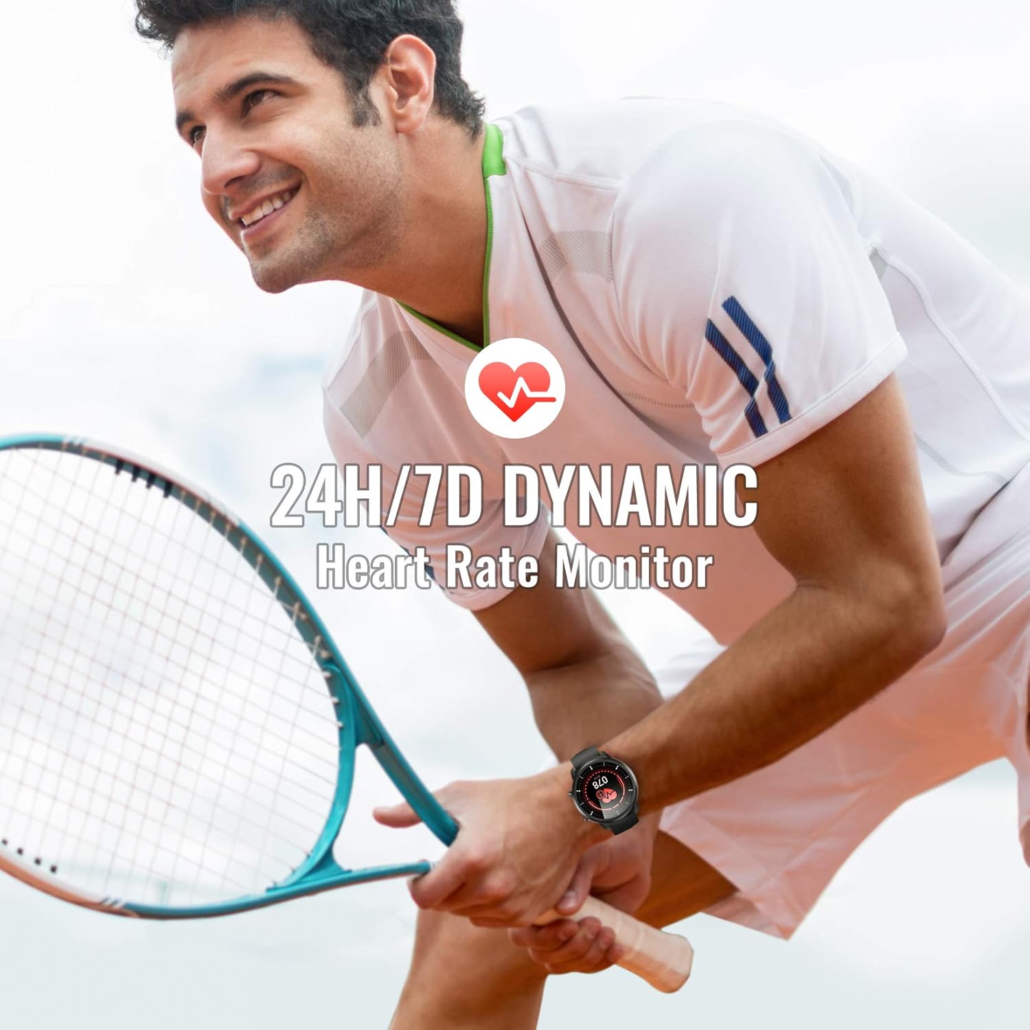 Man playing tennis wearing Hommie Smartwatch, showing 24H/7D Dynamic Heart Rate Monitor feature.