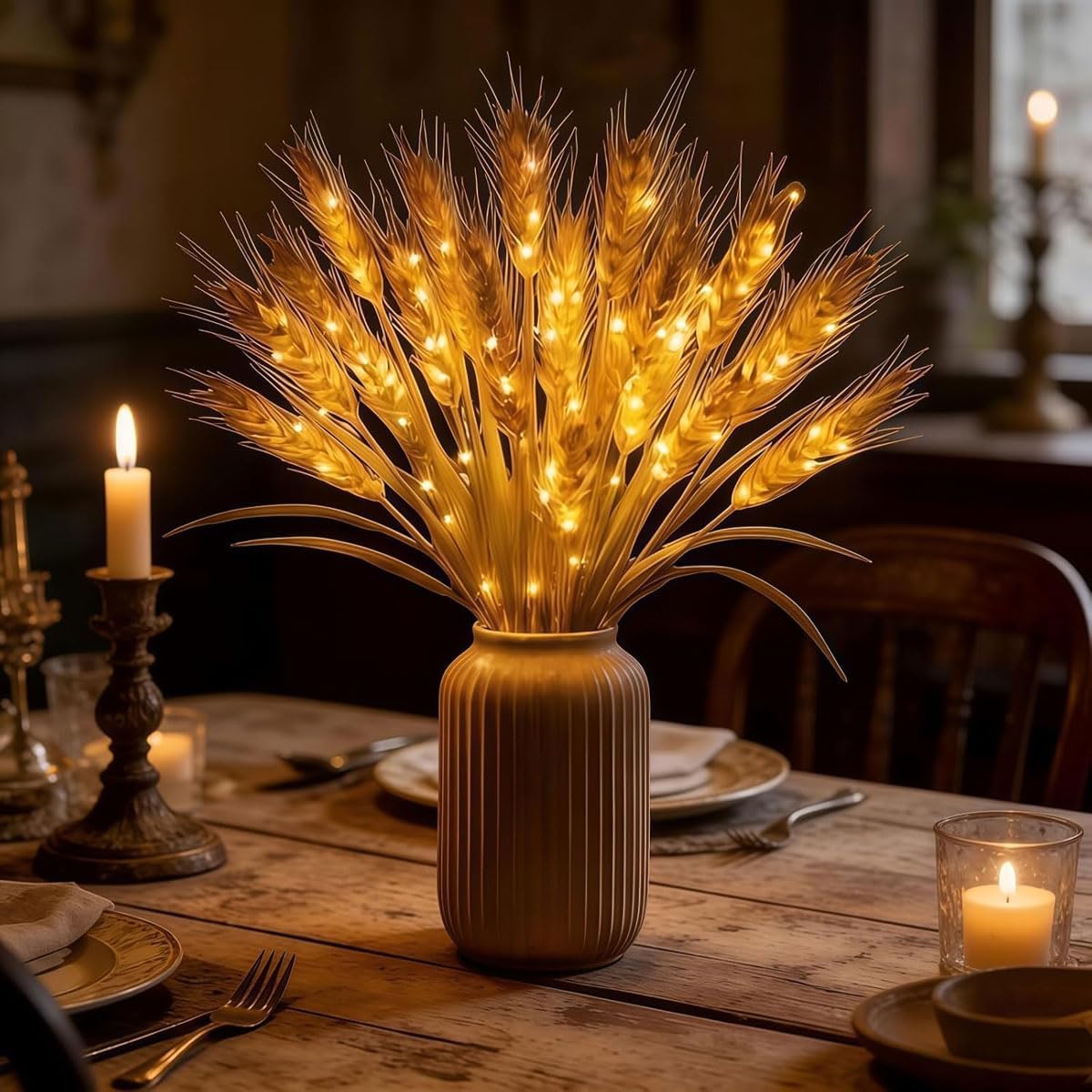 Złota lampa do żniwa, zasilana bateriami, łodygi pszenicy, kwiatowa lampa stołowa, do sezonowego wystroju domu, na Święto Dziękczynienia i dekoracje jesienne, 2 szt