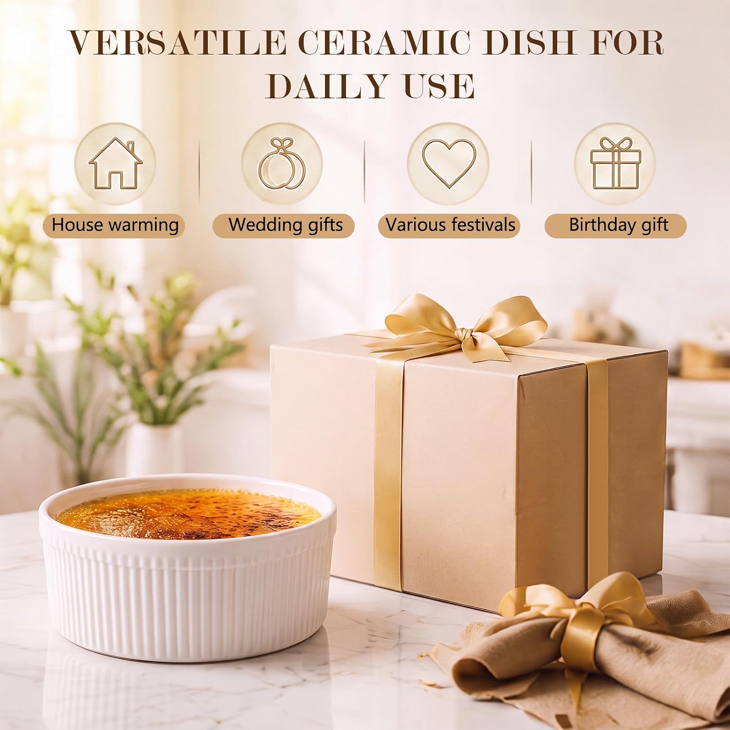 Layhit 64 Oz/ 8 Inch Large Souffle Dish, Fluted Ceramic Ramekin Oven Safe