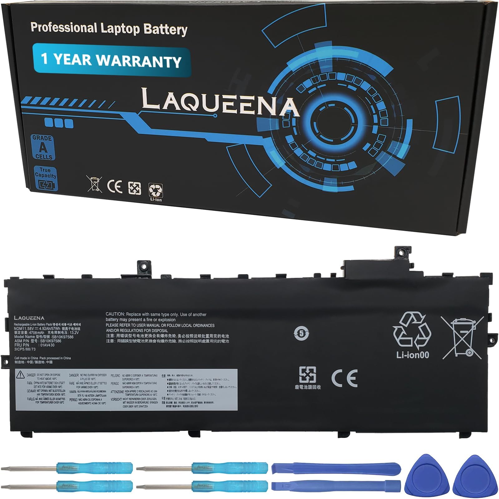 SB10K97586 Laptop Battery Compatible with Lenovo ThinkPad X1 Carbon 5th Gen (2017)/ X1 Carbon 6th Gen (2018) Series SB10K97587 SB10K97588 01AV430 01AV431 01AV494 01AV429 11.58V 57Wh 3-Cell