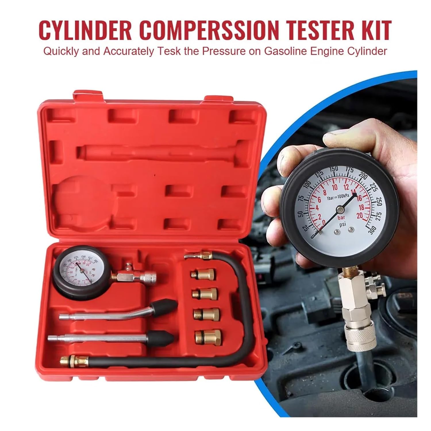 0-300 PSI Gasoline Engine Compression Meter Automotive Cylinder Tester Kit Pressure Gauge