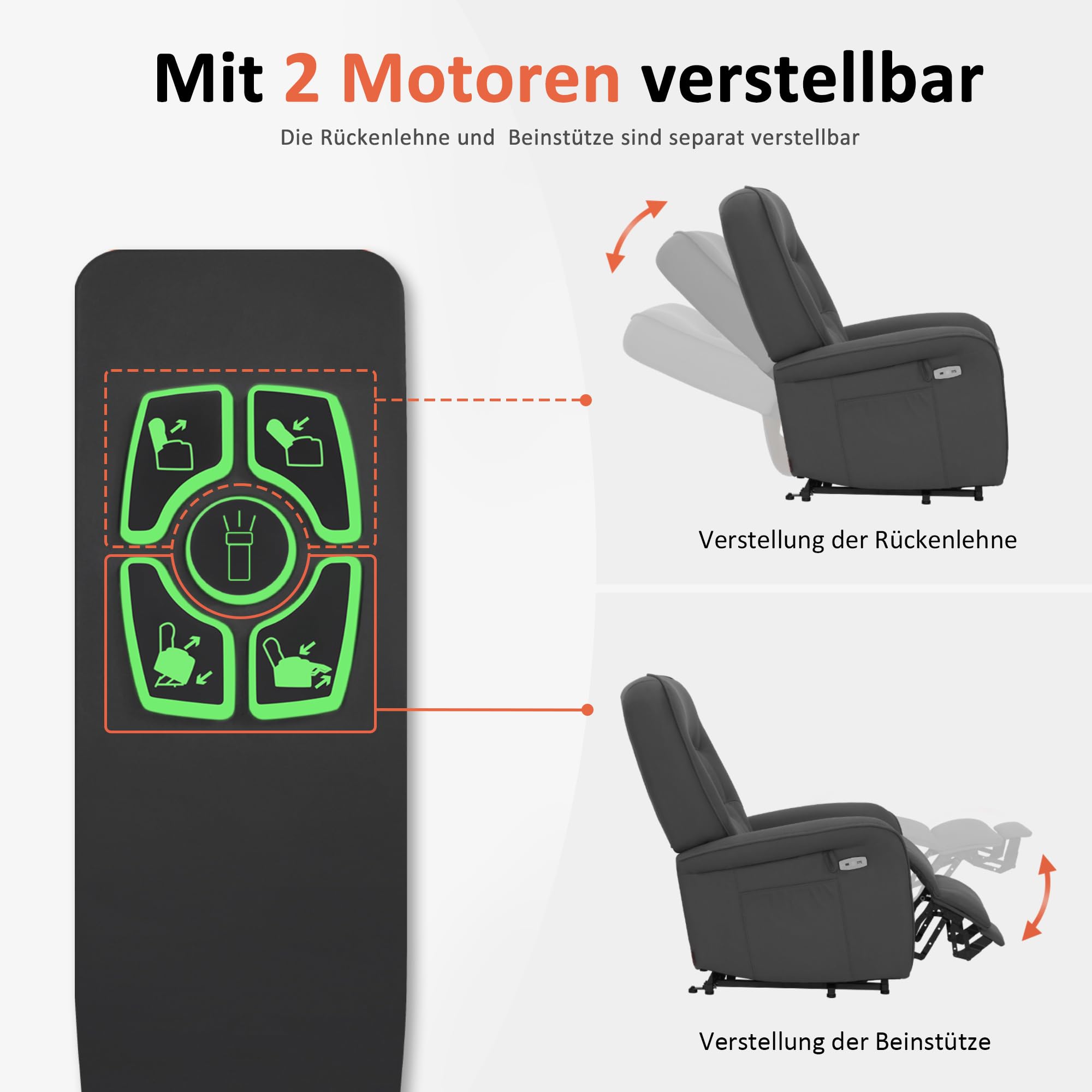 M MCombo Fernsehsessel mit Aufstehhilfe Elektrisch 2 Motoren, mit Massage & Heizung, Relaxsessel mit Liegefunktion bis 160° 35D Vollschaum-Sitzkissen 7584 (Mikrofaser, Grau)