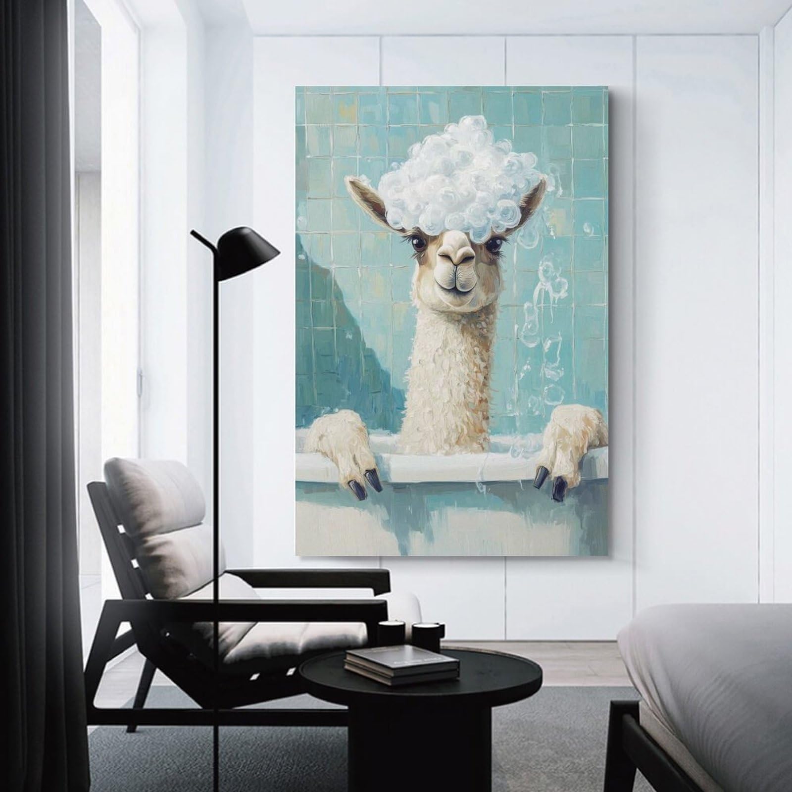 Junmoney Llama Bath Time(2) Wall Art Print 20x30inch(50x75cm), for Living Spaces, Bedrooms Or Relaxed Rooms, A Home Accent with Warm Character