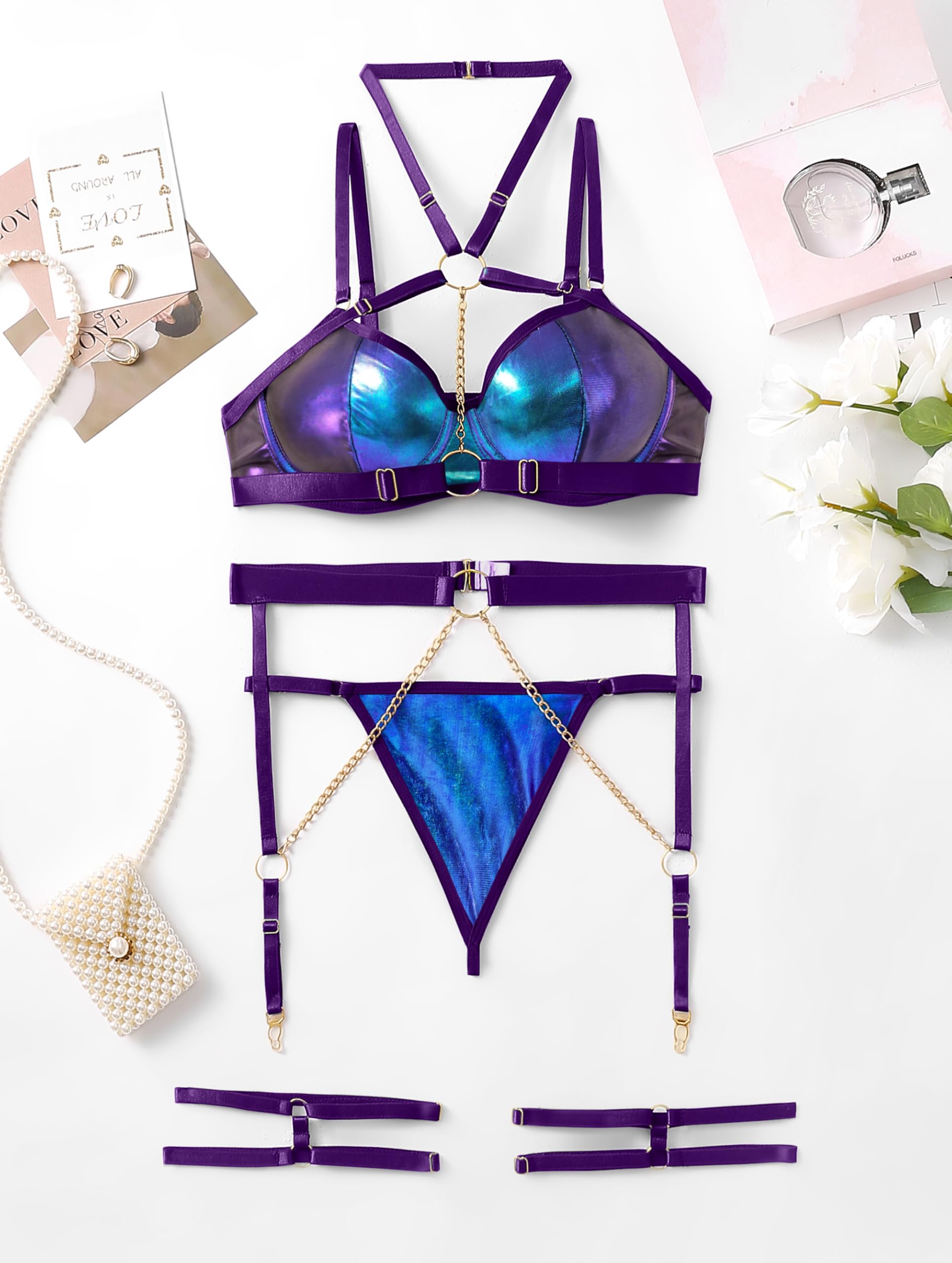 Lilosy Sexy Pu Leather Strappy Underwire Garter Belt Lingerie Set: Small Laser Purple