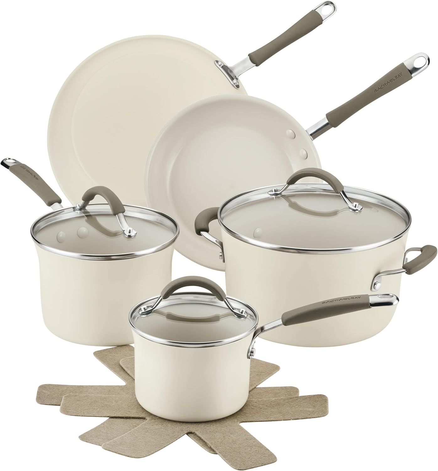Rachael Ray Cucina Ceramic Nonstick Pots and Pans Set with Saucepans, Frying Pans, Stockpot, Lids, and Pan Protectors, 10 Piece Non Stick Cookware Set, Dishwasher Safe - Almond (Almond) Thumbnail